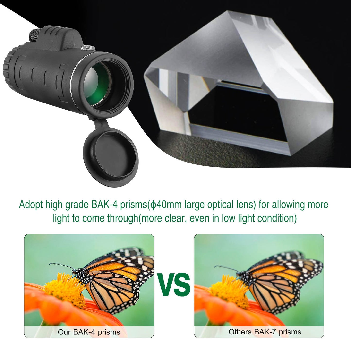 40x40 HD Optical Monocular Telescope w/ FMC Lens Low Light Vision Scope