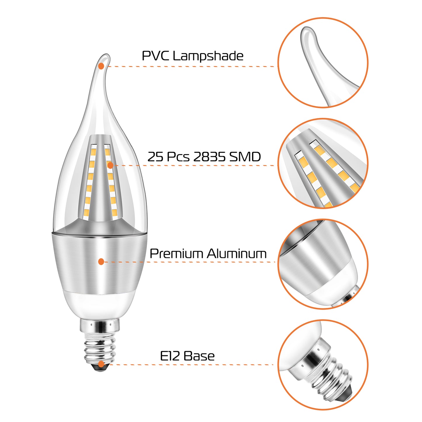 4pcs 5W E12 Candelabra Bulbs 600 LM 50W Equivalent Candle Flame Tip