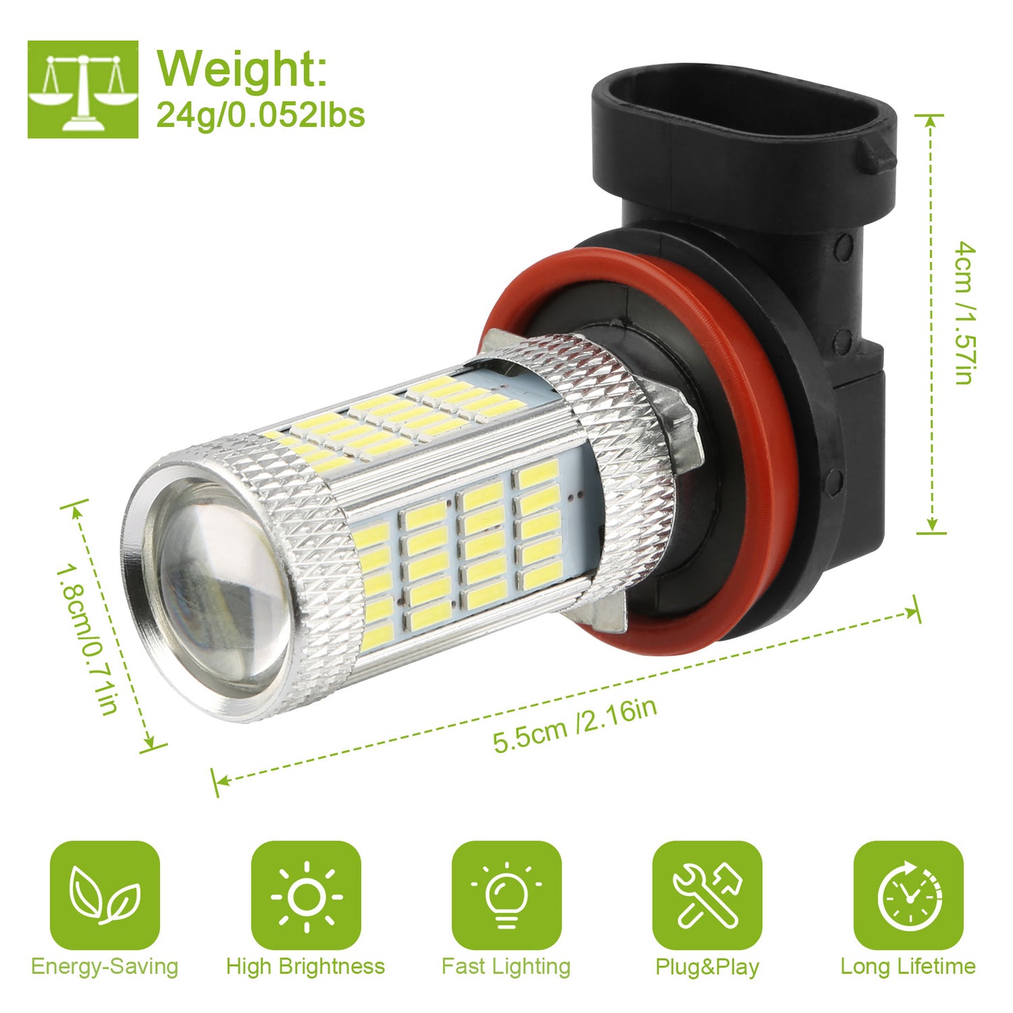 2PCS 800lm H8/H9/ H11 LED Fog DRL Light Bulb IP65 Water-Resistant