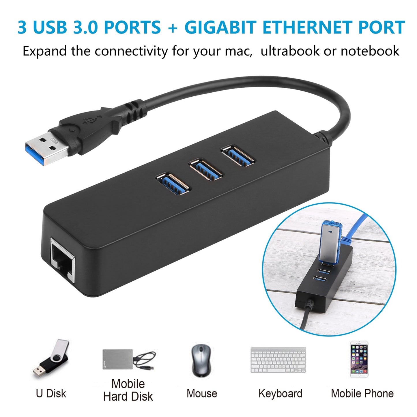3 Ports USB 3.0 Hub Gigabit Ethernet Adapter 10/100/1000 Mbps Converter