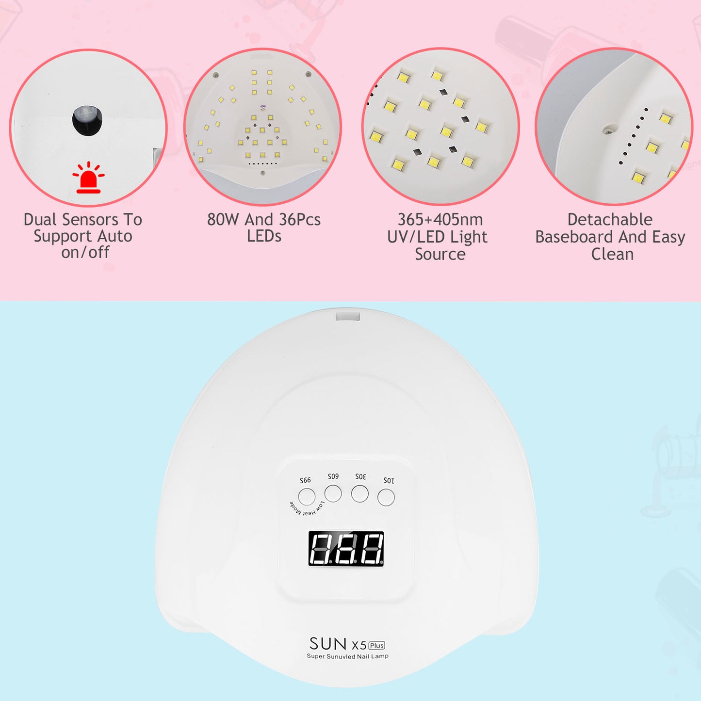 80W UV LED Nail Lamp Gel Polish Nail Dryer 36LEDs Fingernail Toenail Gel Curing Machine PIR Sensor Timer Display for Home Nail Salon