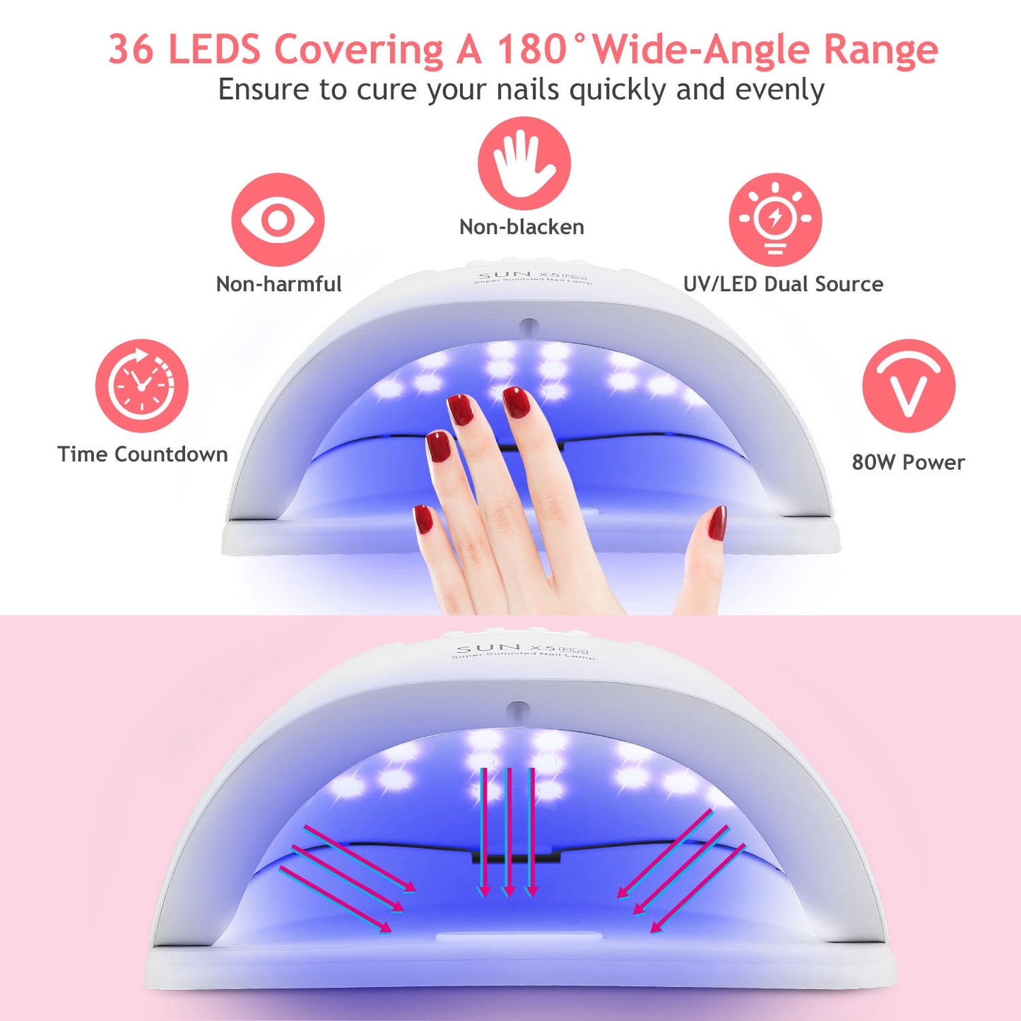80W UV LED Nail Lamp Gel Polish Nail Dryer 36LEDs Fingernail Toenail Gel Curing Machine PIR Sensor Timer Display for Home Nail Salon