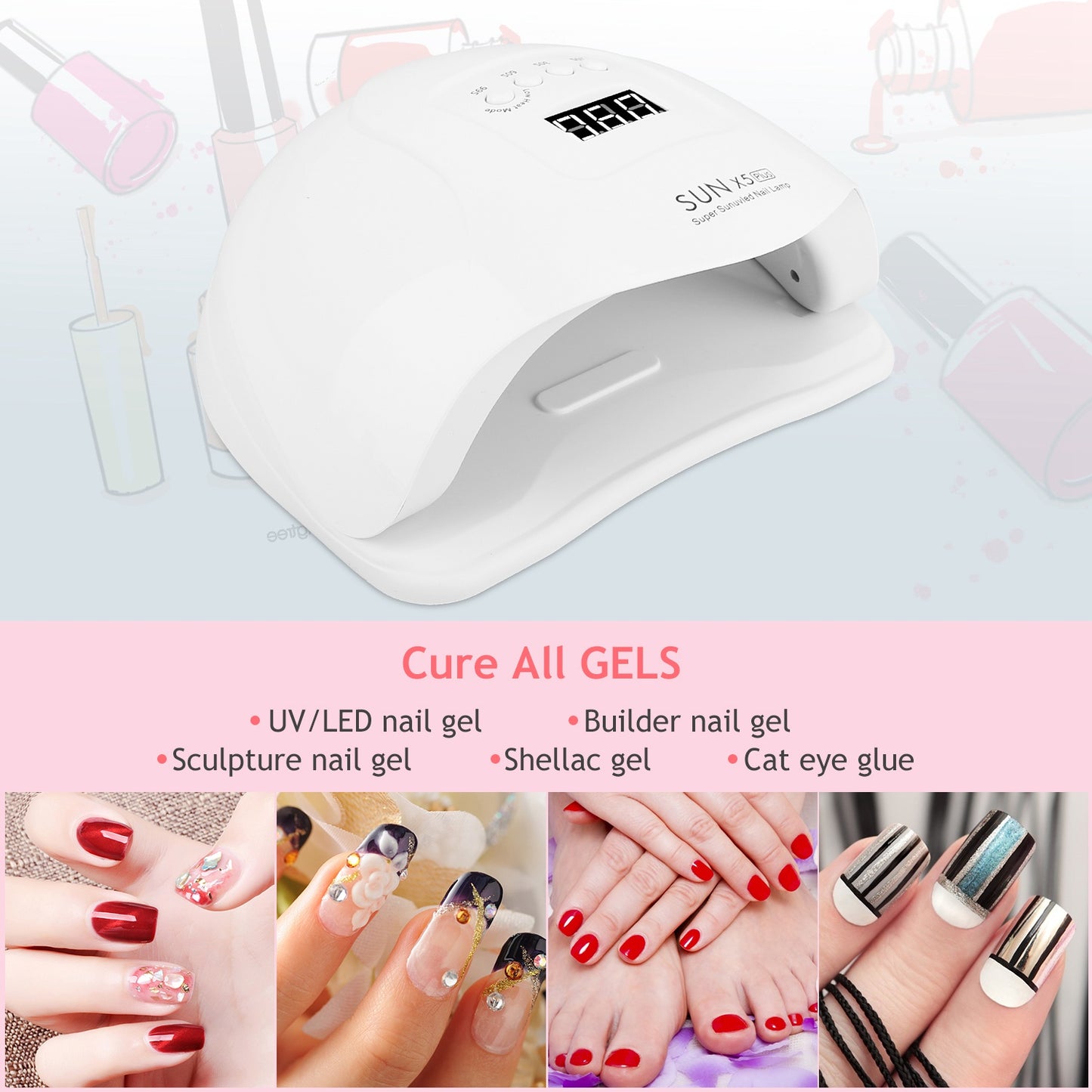 80W UV LED Nail Lamp Gel Polish Nail Dryer 36LEDs Fingernail Toenail Gel Curing Machine PIR Sensor Timer Display for Home Nail Salon
