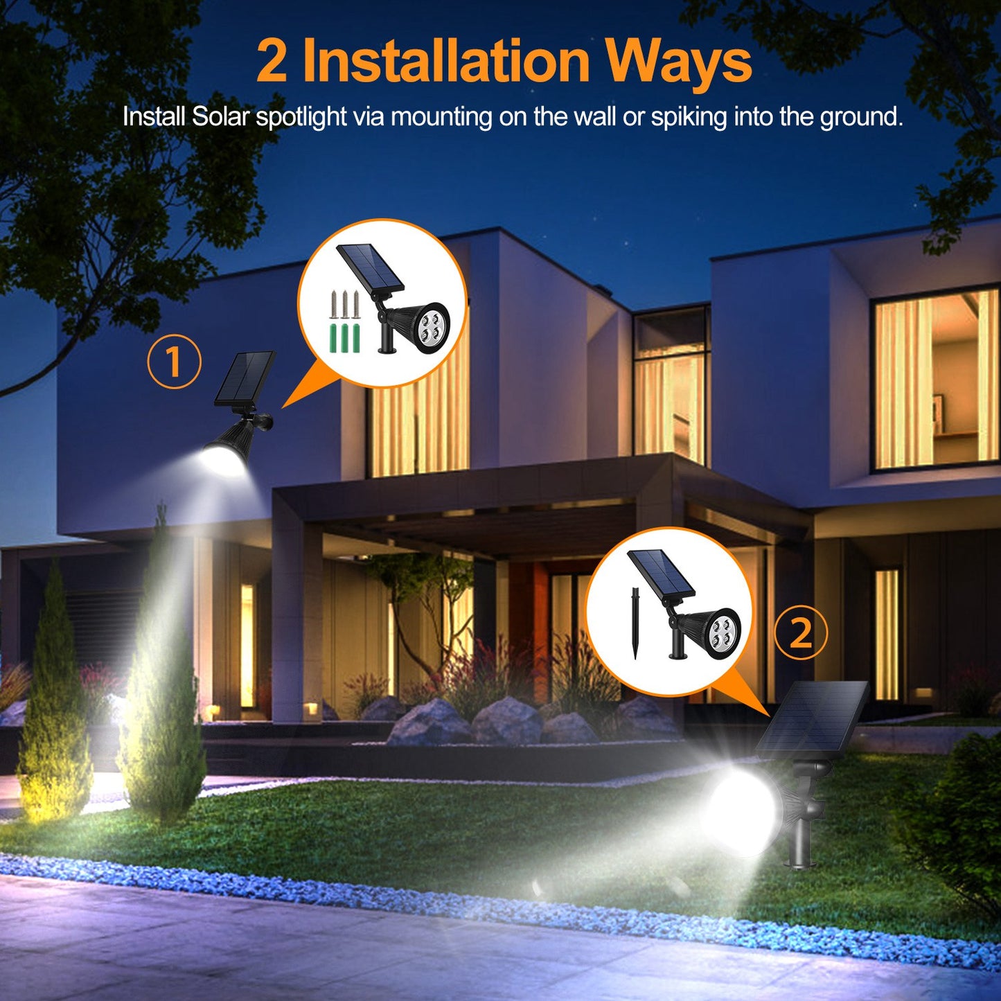 2Pcs Solar Spotlight Outdoor Dusk To Dawn Light Wall Path Lawn Garden Lamp