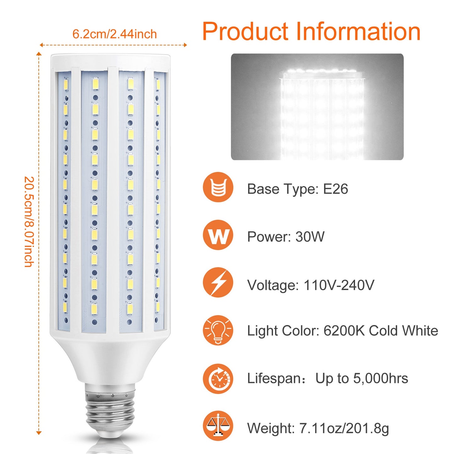 30W E26 Corn Light Bulb 2600LM 150W Equivalent 6200K Cold White