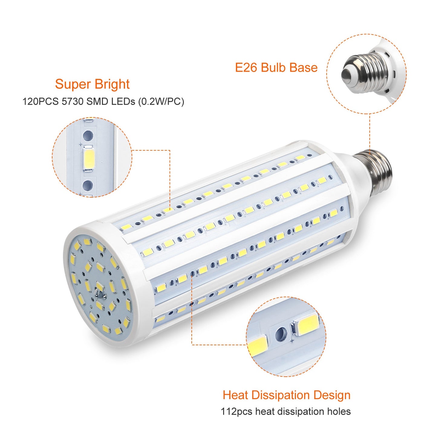 30W E26 Corn Light Bulb 2600LM 150W Equivalent 6200K Cold White
