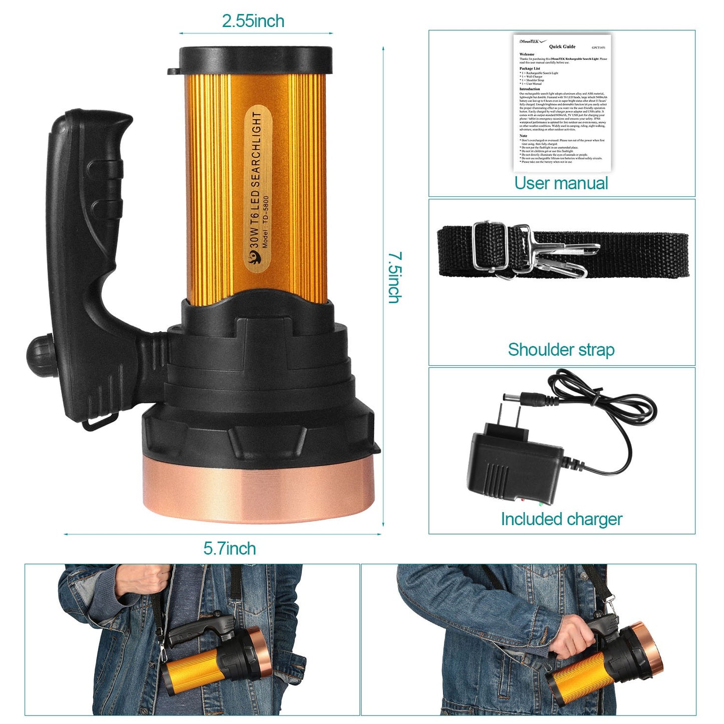 LED Search Flashlights IPX6 Waterproof Tactical Dimmable Handheld Spotlights