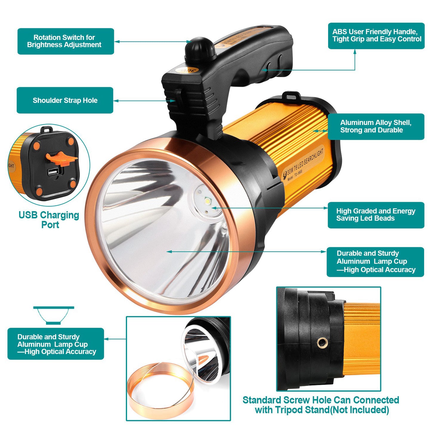 LED Search Flashlights IPX6 Waterproof Tactical Dimmable Handheld Spotlights