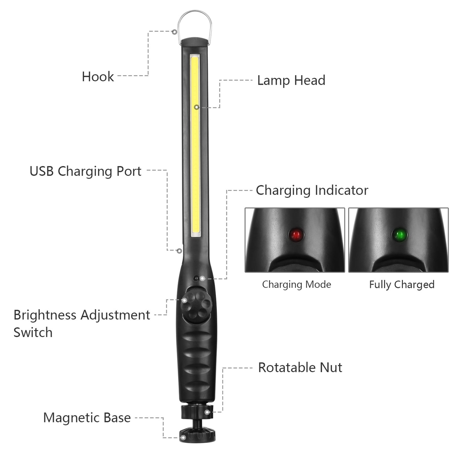COB Work Light IPX4 Handheld Emergency LED Lamp Dimmable Magnetic Hook