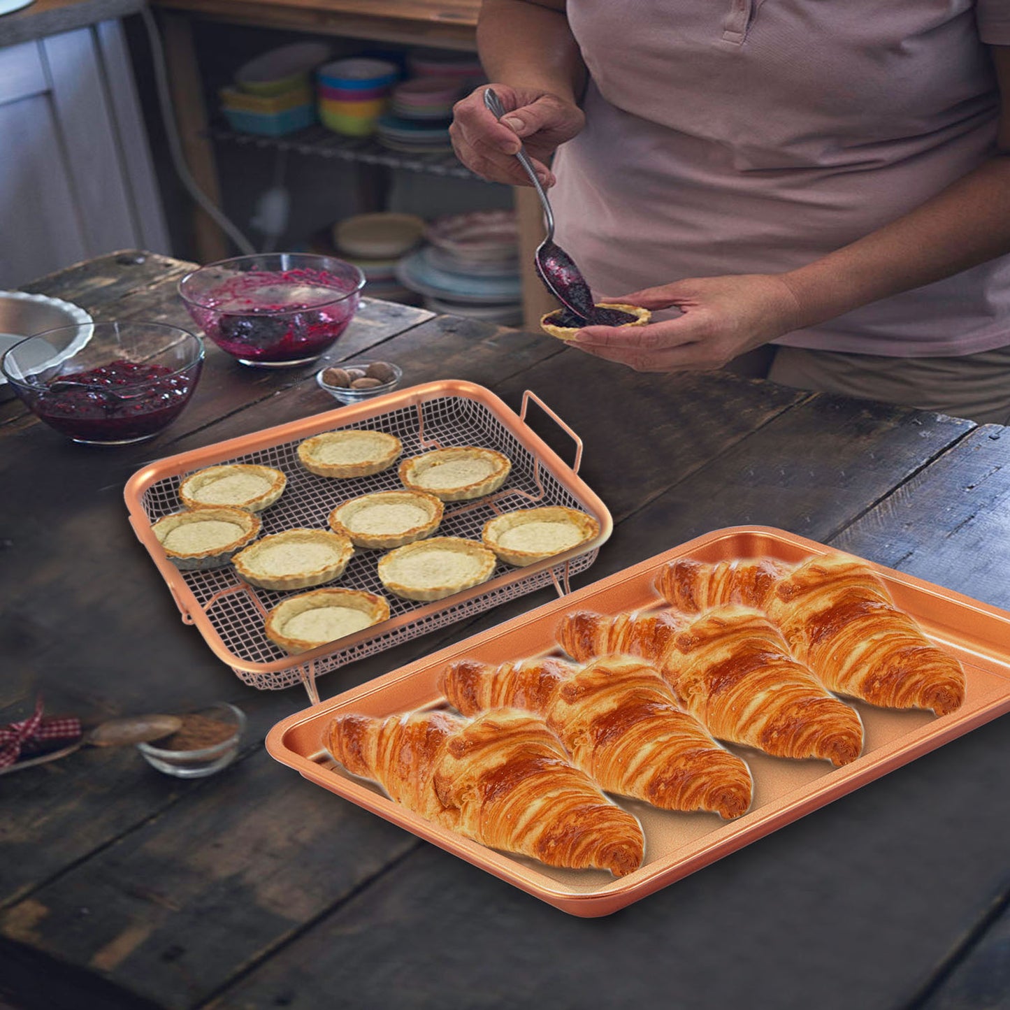 Crisper Tray Set Non Stick Cookie Sheet Tray Air Fry Pan Grill Basket Oven Dishwasher