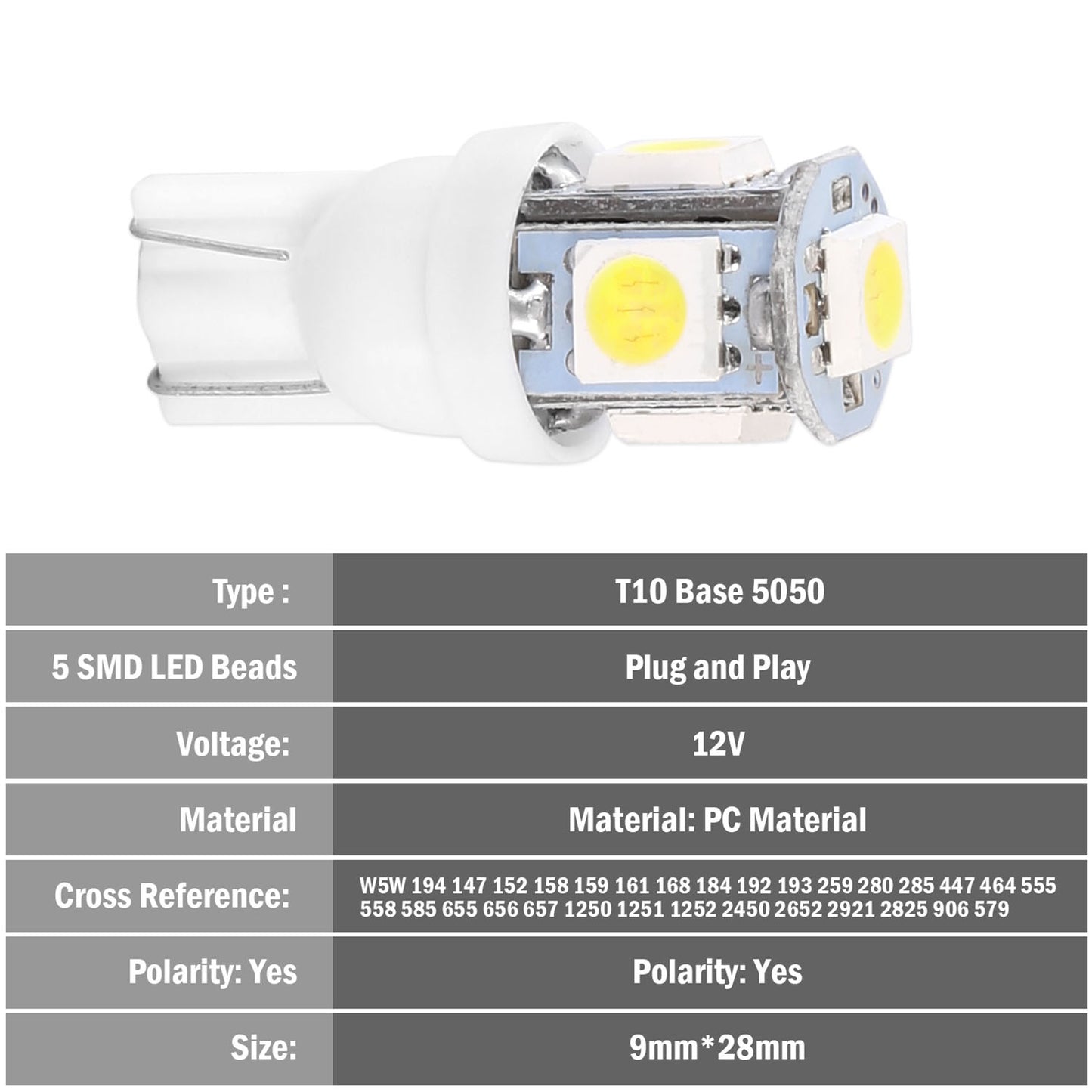 50Pcs/Kit LED Car Light Bulbs 1000lm T10 Base 5050 6000K White Auto Lamps