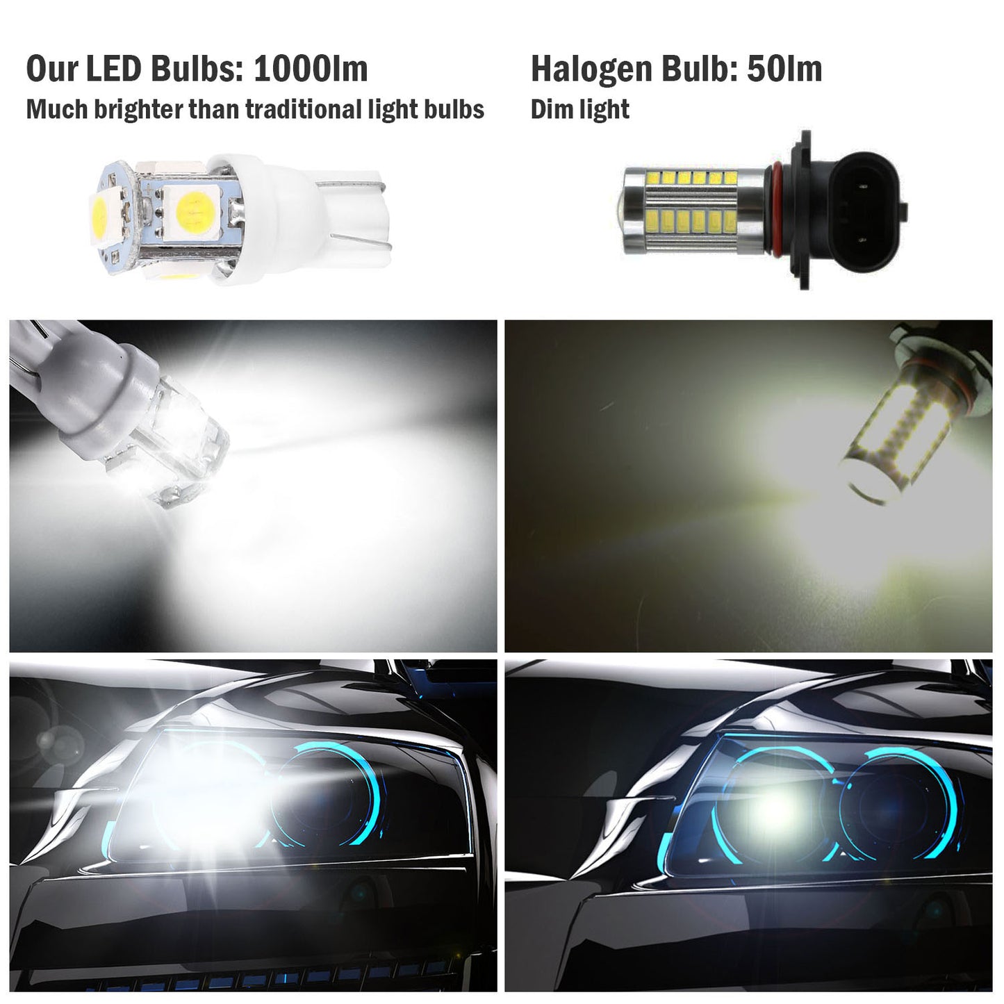 50Pcs/Kit LED Car Light Bulbs 1000lm T10 Base 5050 6000K White Auto Lamps