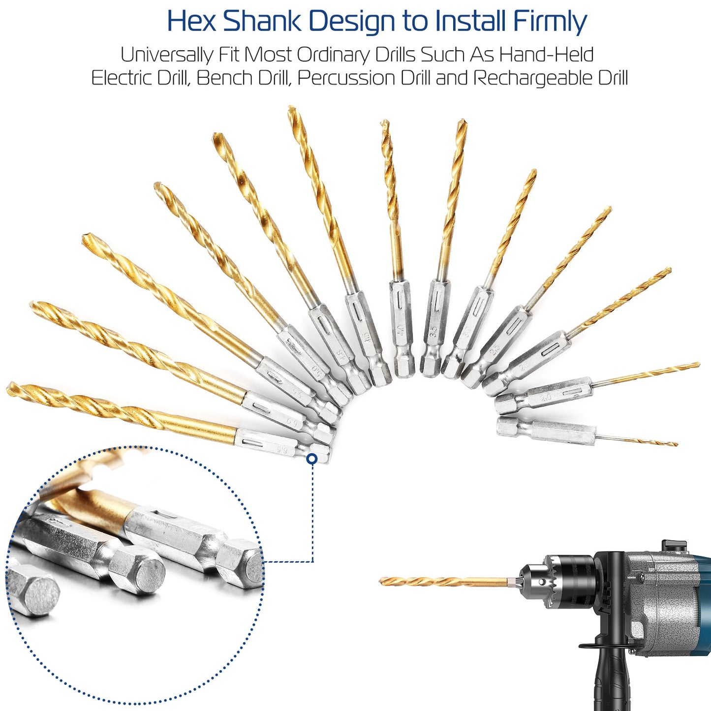 13 Pcs Hex Shank Drill Bit Set Titanium Coated Twist Drill Set