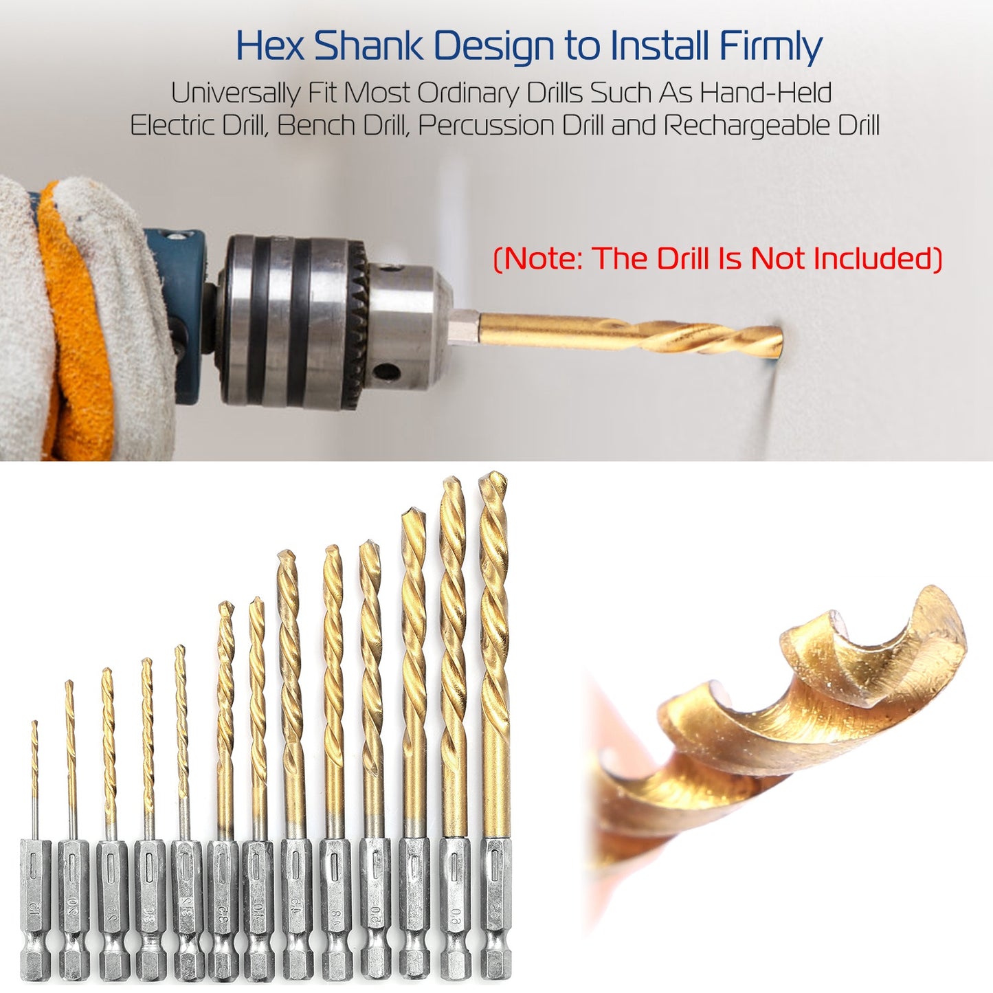 13 Pcs Hex Shank Drill Bit Set Titanium Coated Twist Drill Set