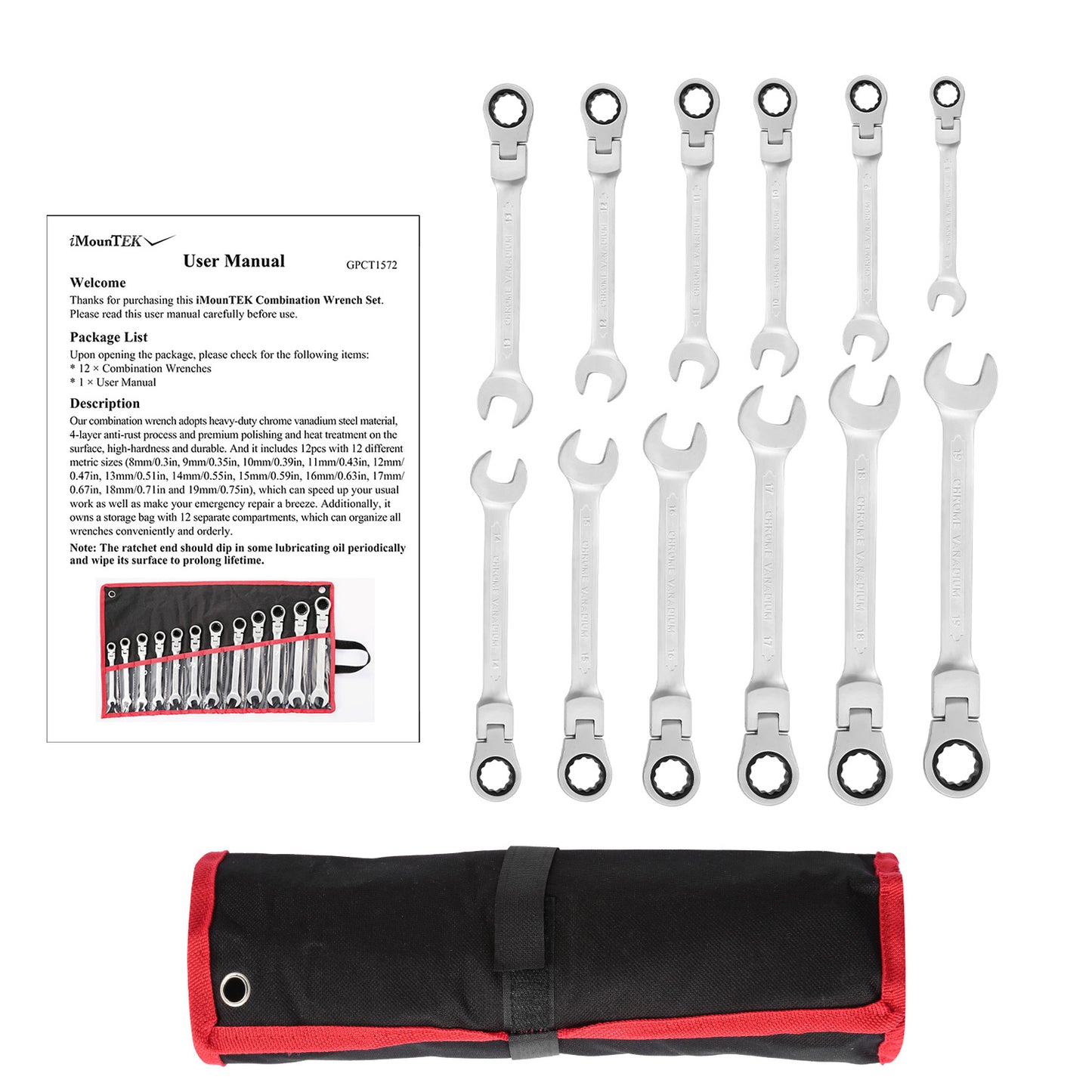 12Pc 8-19mm Metric Combination Wrench Flexible Head Ratchet Wrench