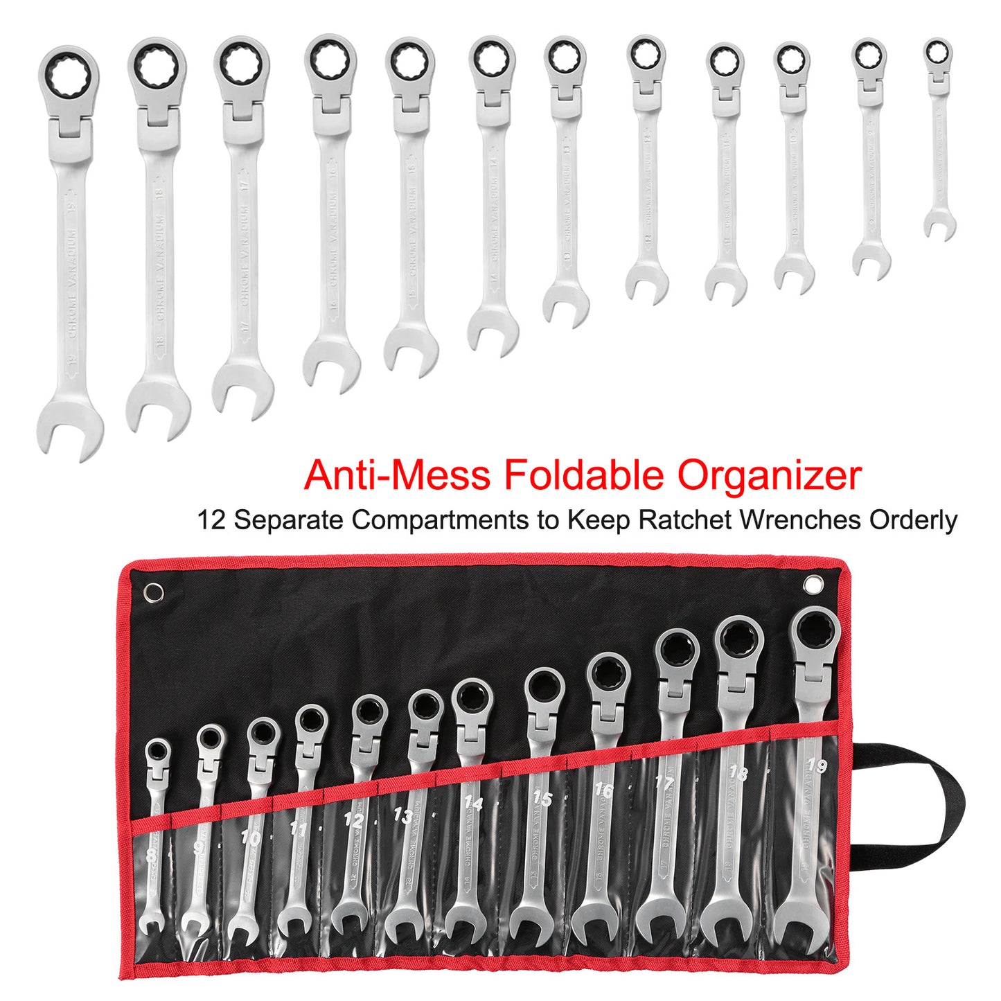 12Pc 8-19mm Metric Combination Wrench Flexible Head Ratchet Wrench