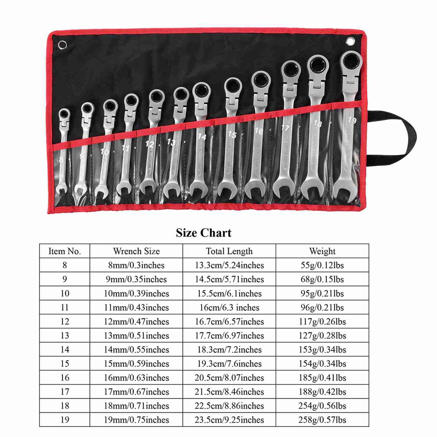 12Pc 8-19mm Metric Combination Wrench Flexible Head Ratchet Wrench