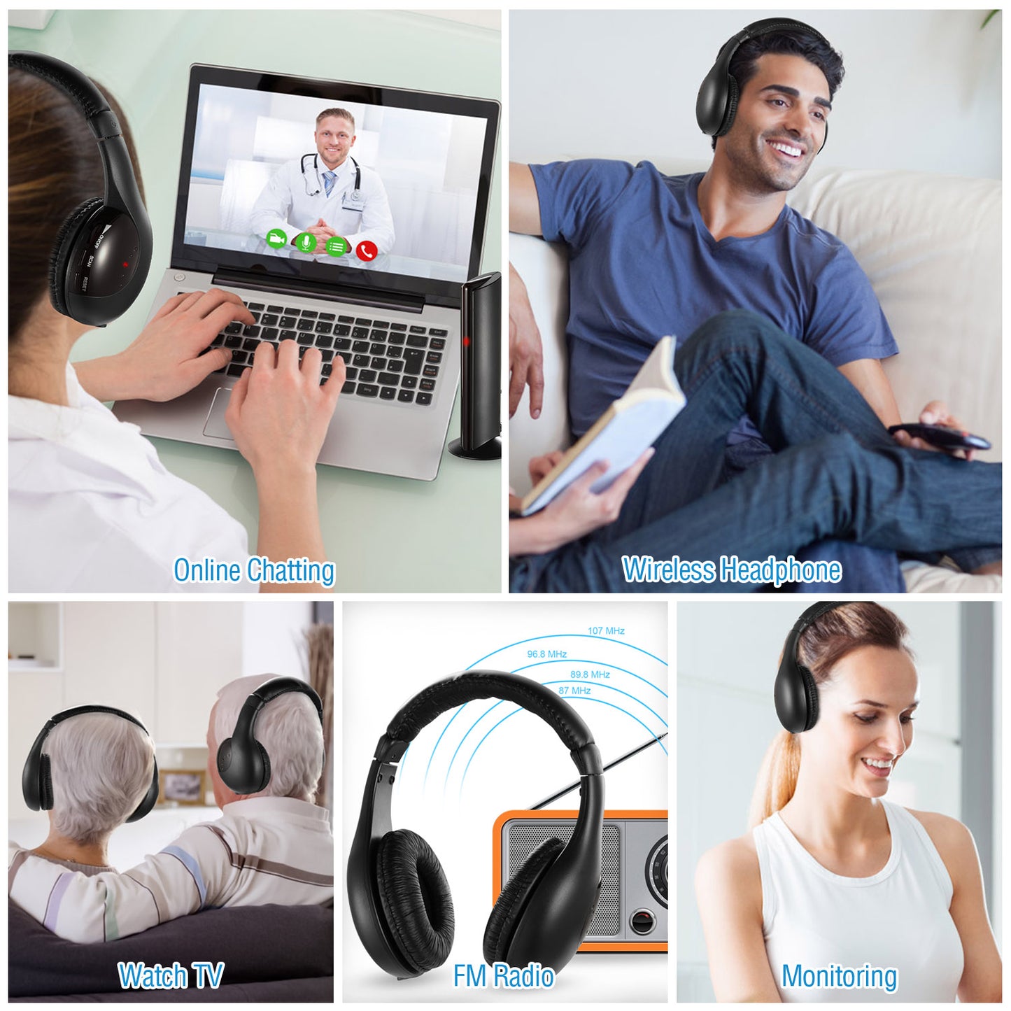 Wireless RF Headphones HiFi Over-Ear Headsets RF Transmitter Receiver