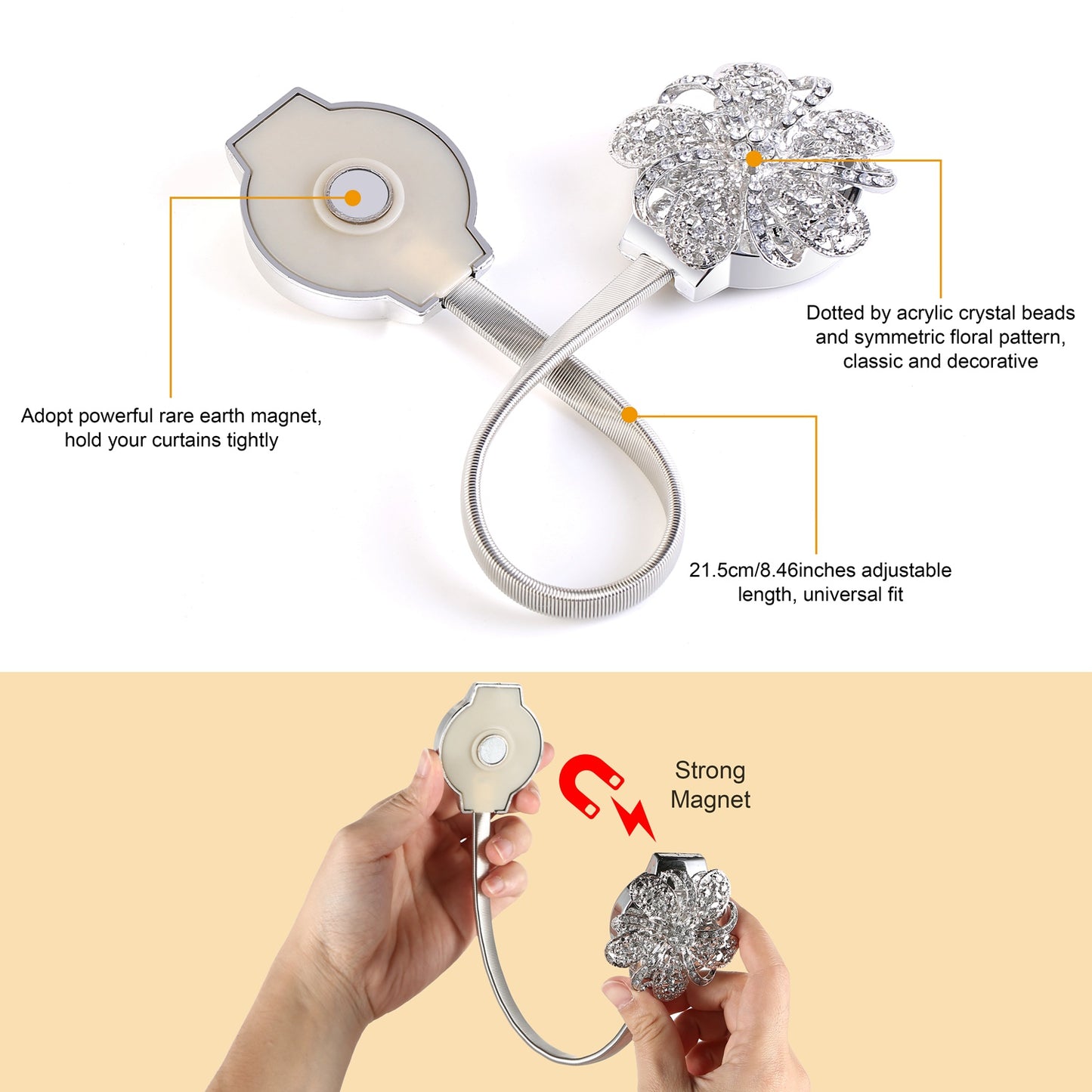2 Packs Magnetic Curtain Tiebacks Extendable Floral Drape Holder