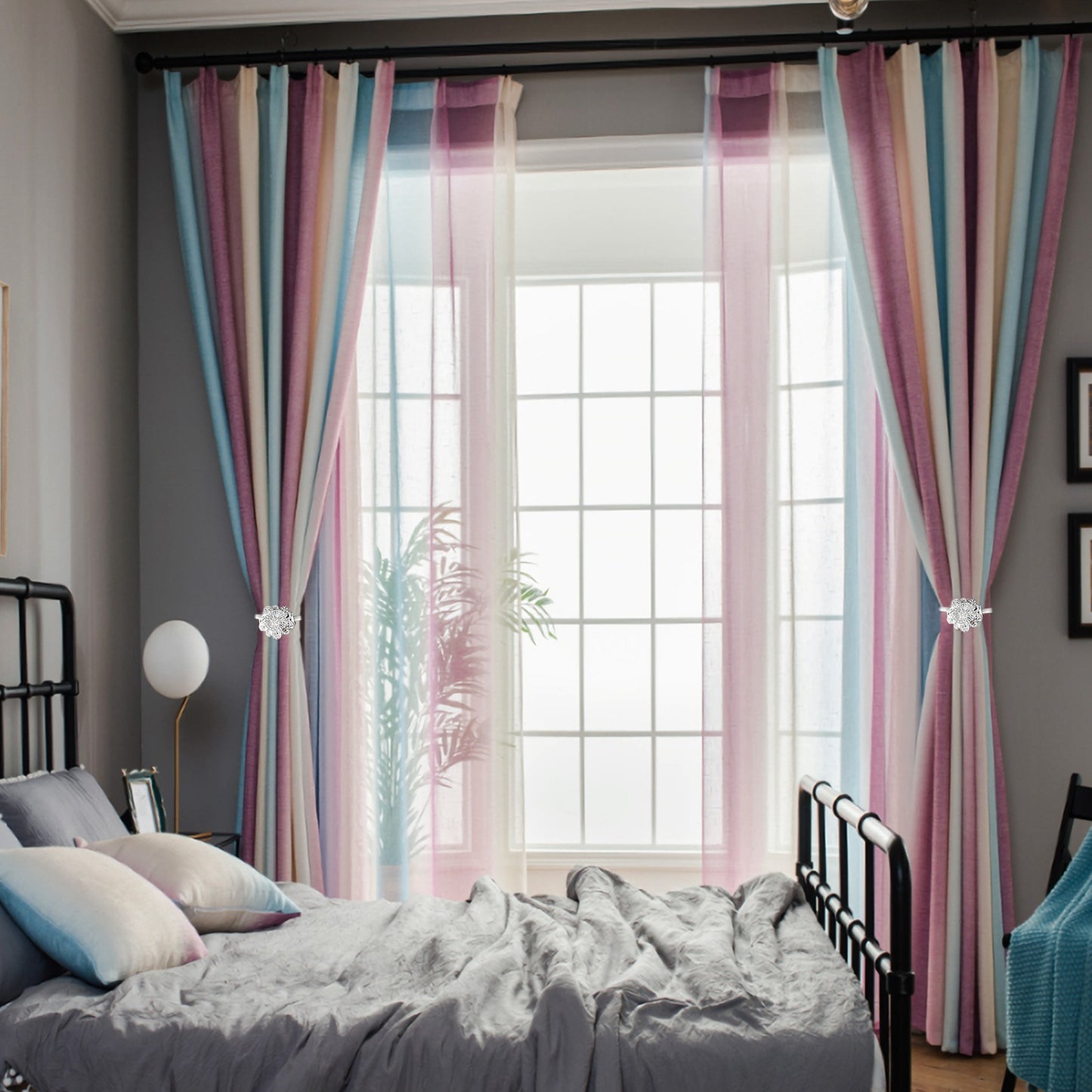2 Packs Magnetic Curtain Tiebacks Extendable Floral Drape Holder