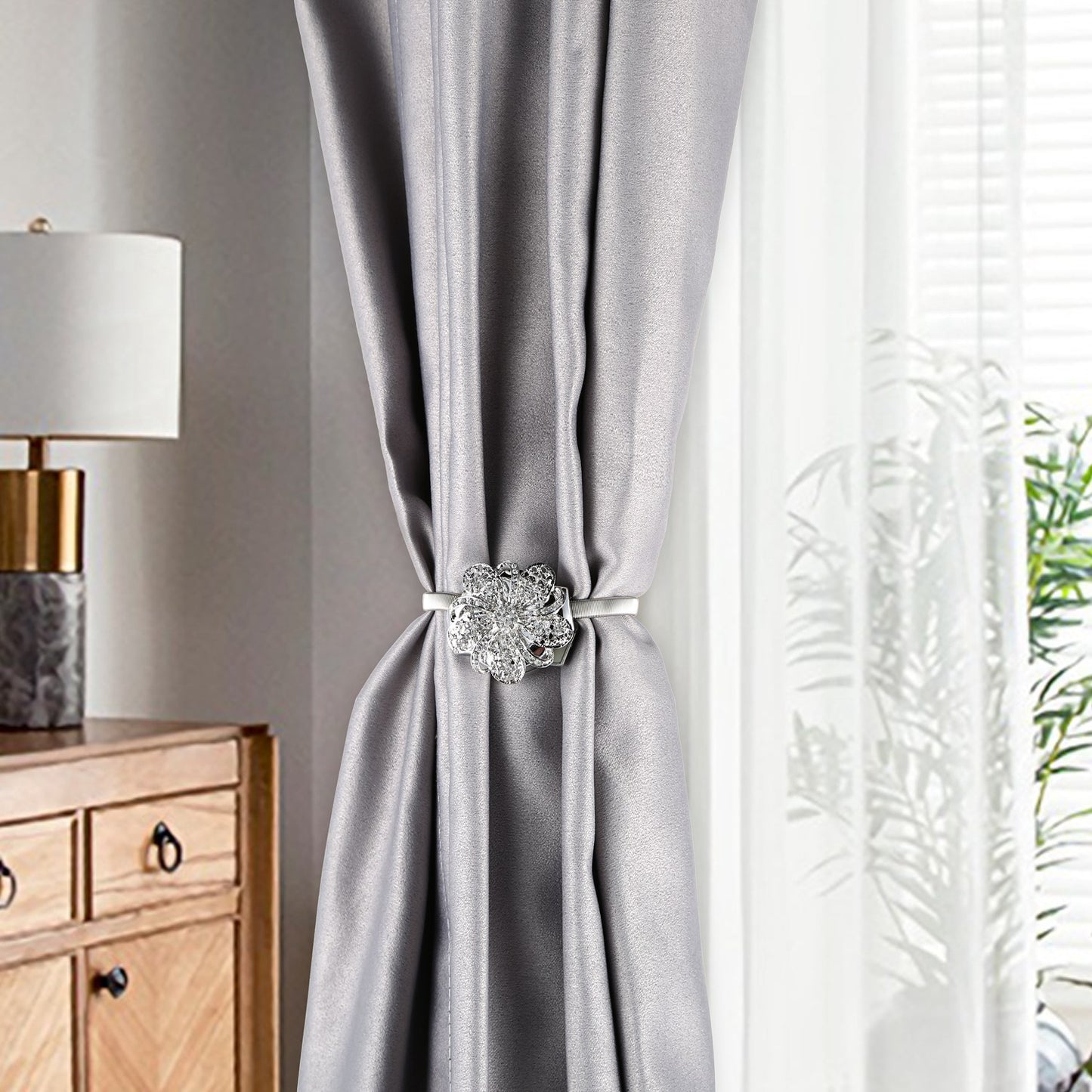 2 Packs Magnetic Curtain Tiebacks Extendable Floral Drape Holder