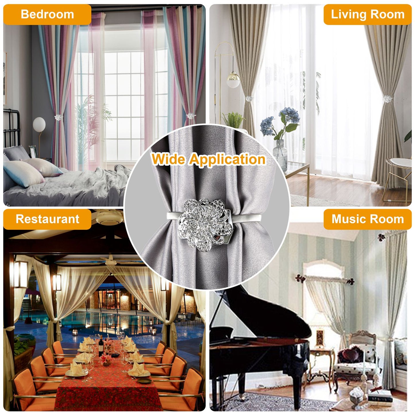 2 Packs Magnetic Curtain Tiebacks Extendable Floral Drape Holder