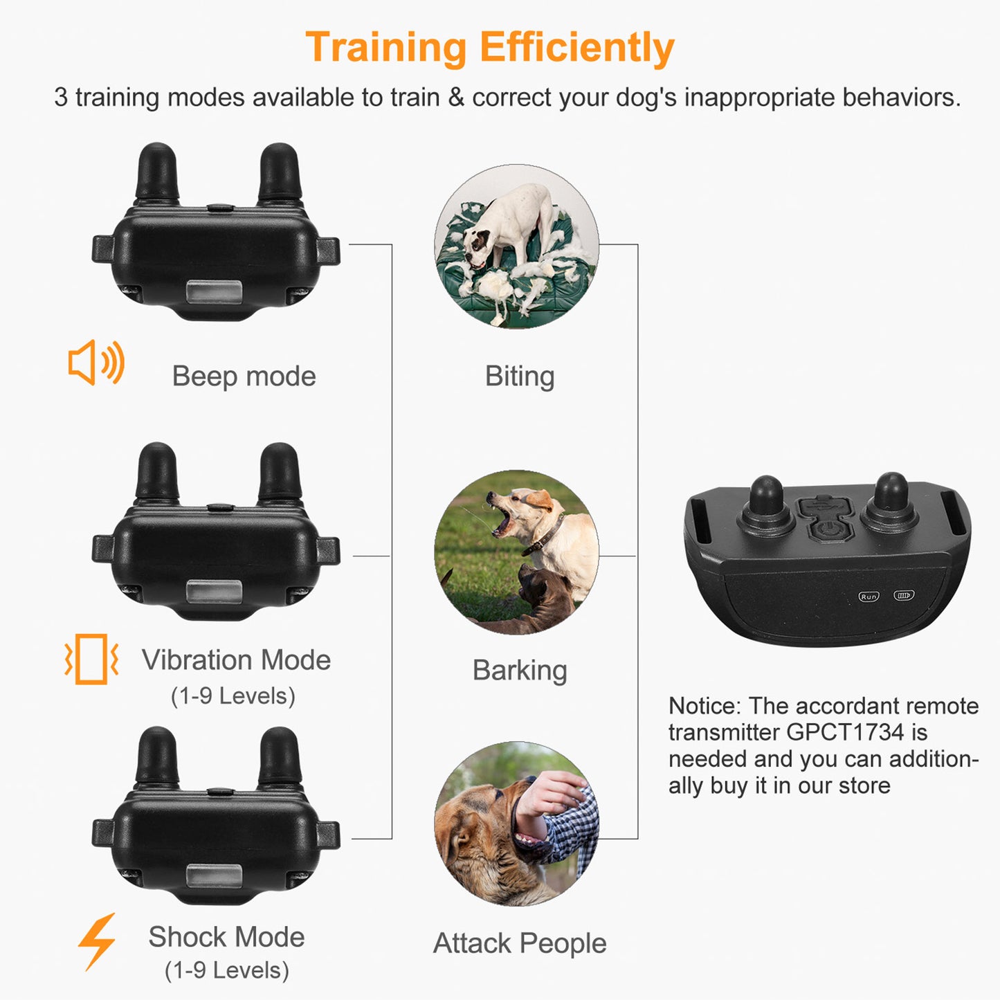 Dog Bark Collar IP67 Waterproof Rechargeable Dog Training Receiver