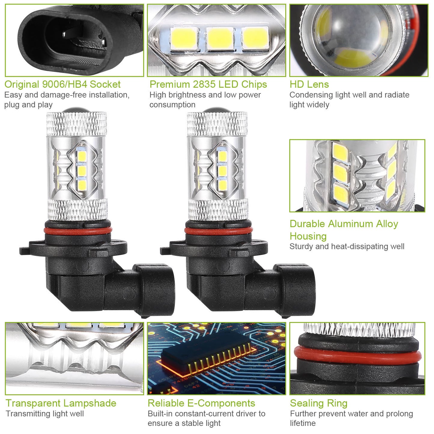 2PCS 980LM 80W 9006 HB4 LED Fog DRL Light Bulb