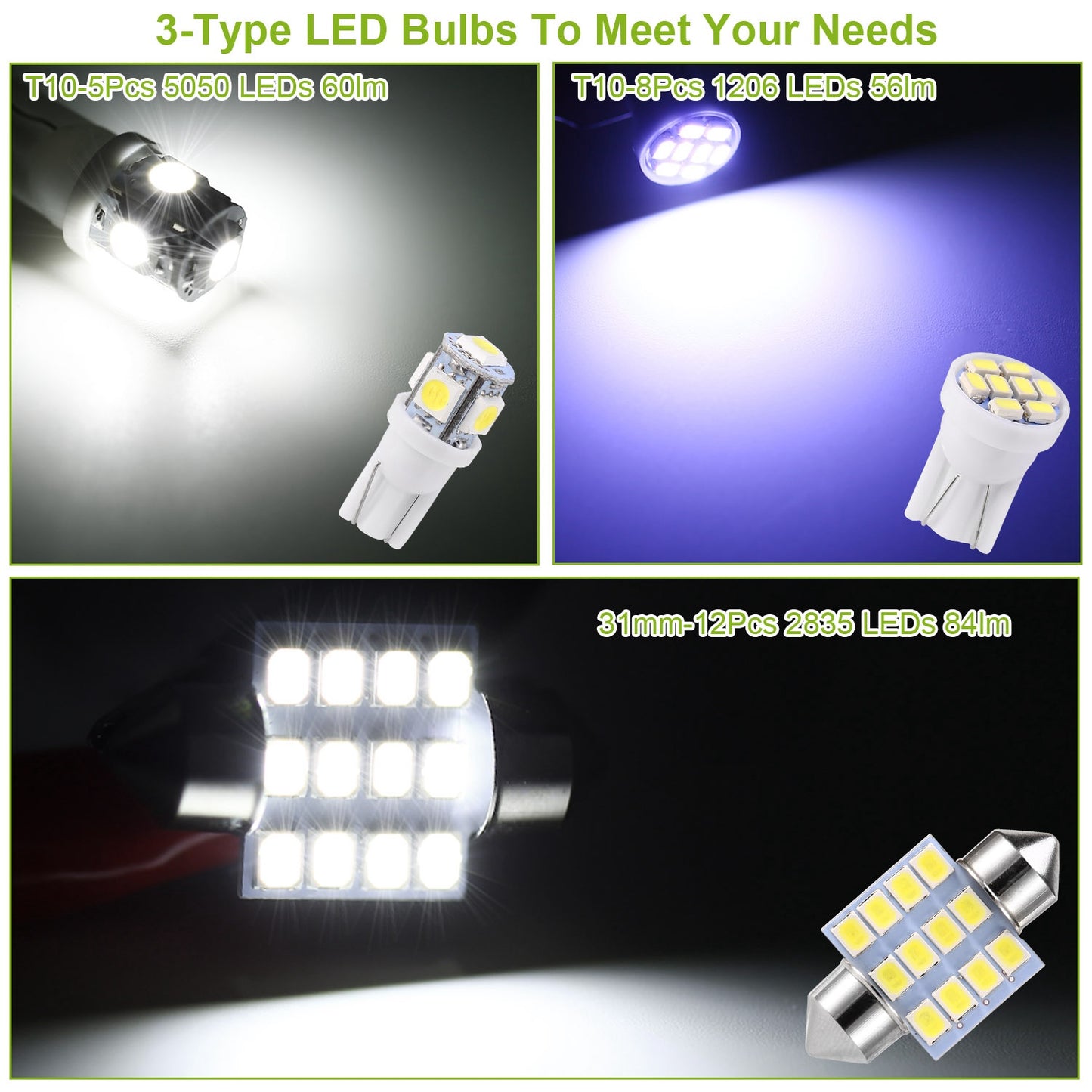 13Pcs T10 31mm Festoon LED Light Bulb Interior Dome Map LED Lights License Plate