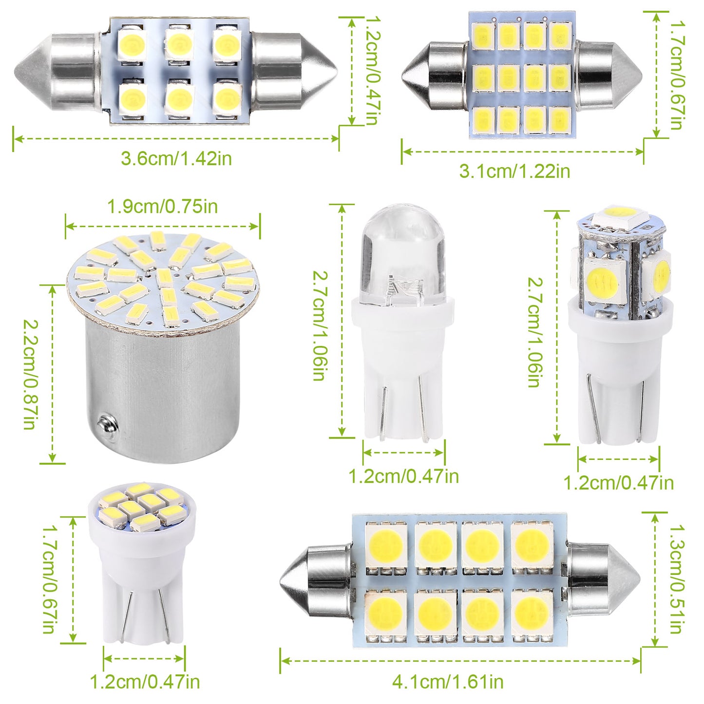 14Pcs T10/31mm/36mm/41mm/1156 Festoon LED Light Bulb Interior Dome Map LED Lights