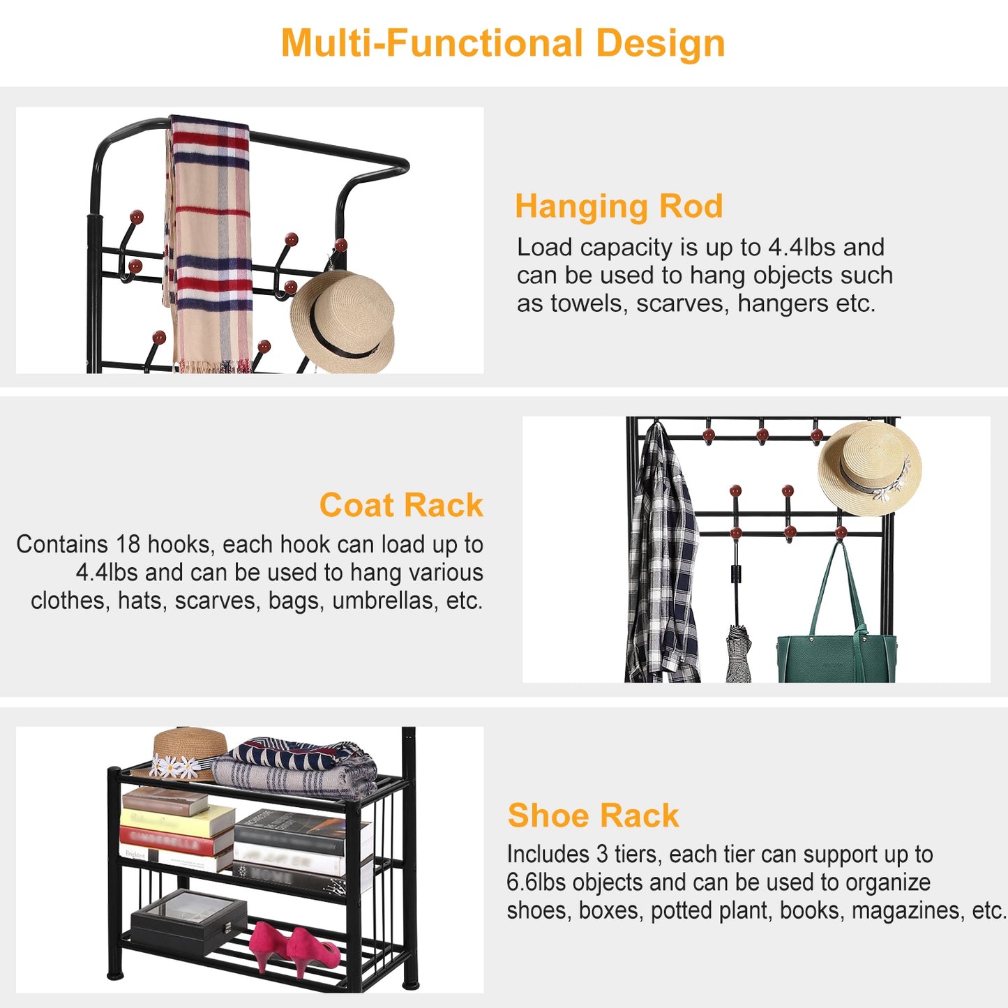 Metal Entryway Coat Shoe Rack Hall Tree w/ 3-Tier Shoe Bench Shoe Storage