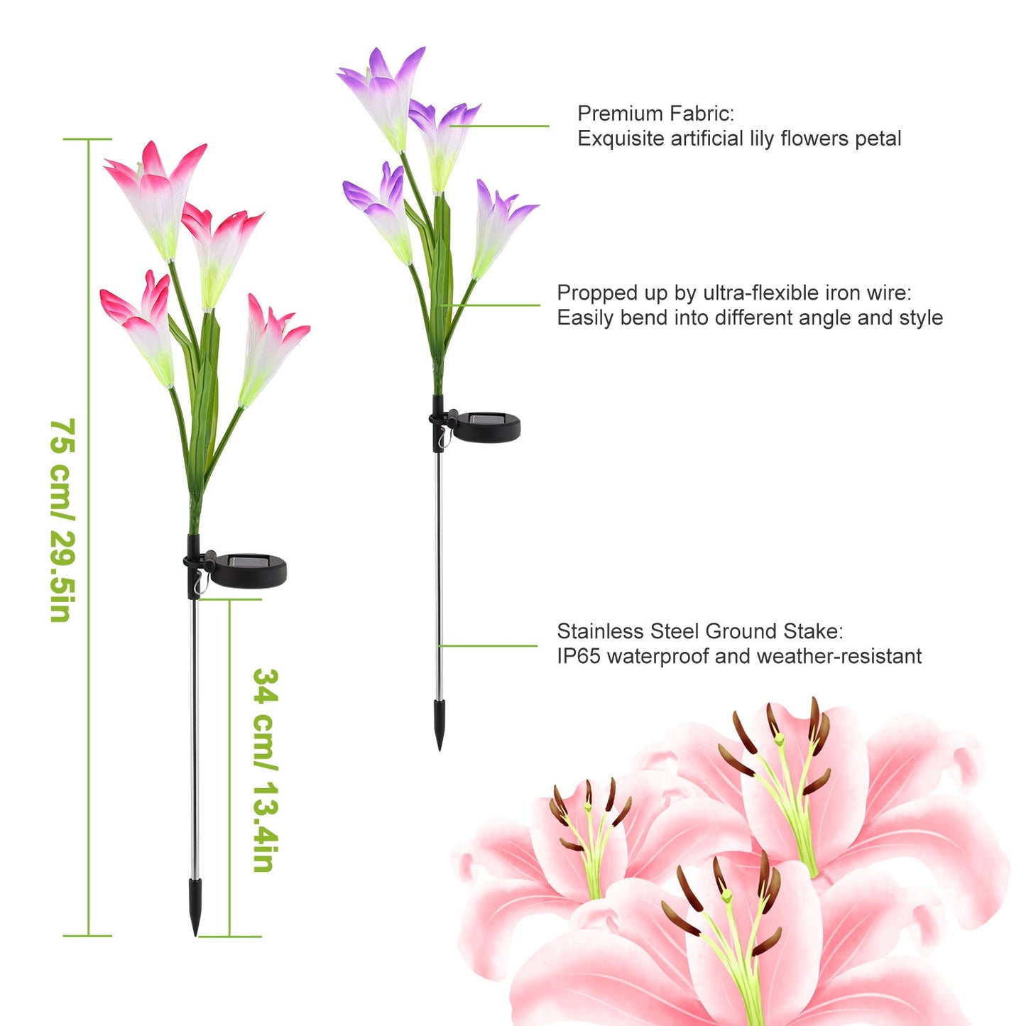 2Pcs Solar Garden Lights Outdoor Lily Flower LED Light 7-Color Changing IP65 Waterproof Pathway Stake Lights