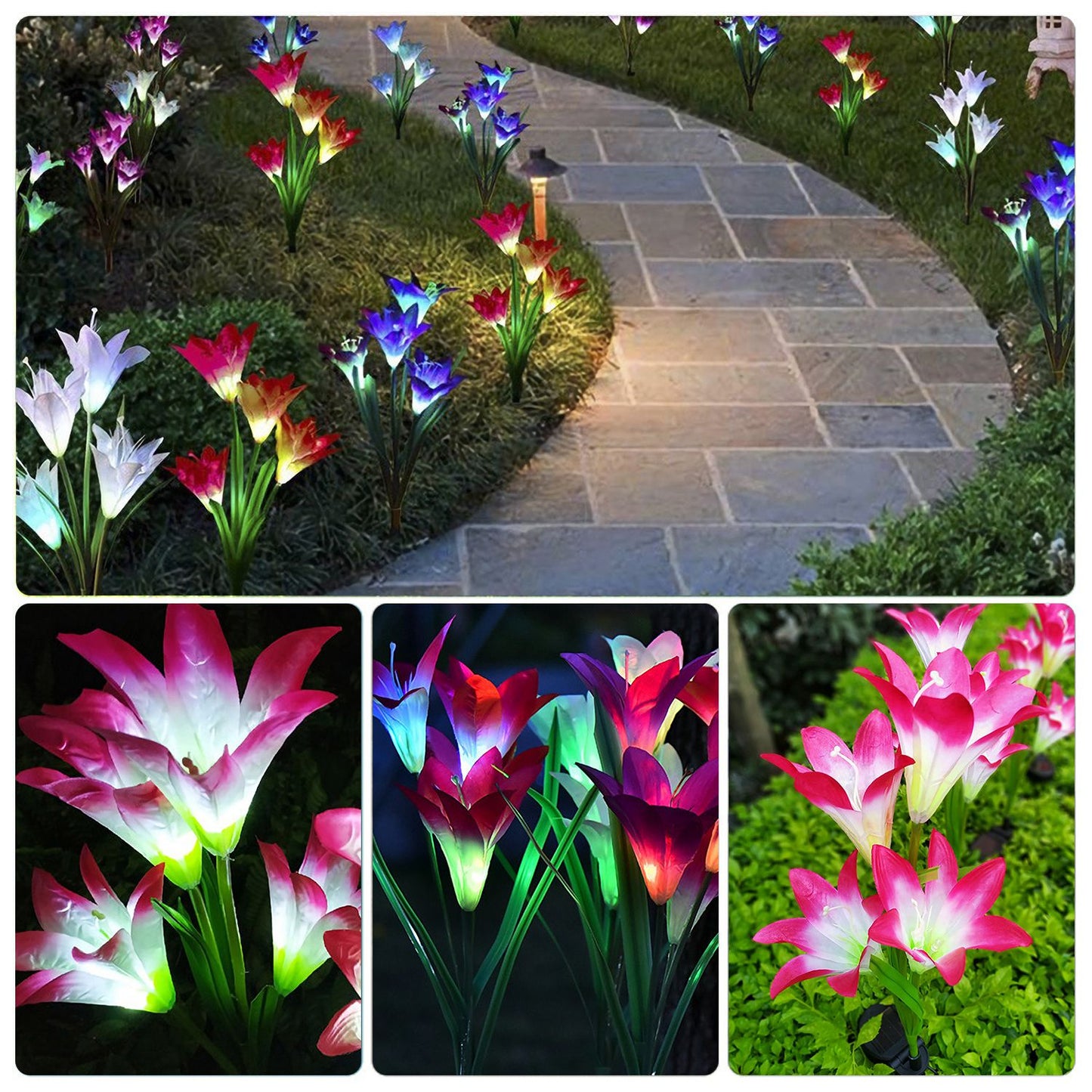2Pcs Solar Garden Lights Outdoor Lily Flower LED Light 7-Color Changing IP65 Waterproof Pathway Stake Lights