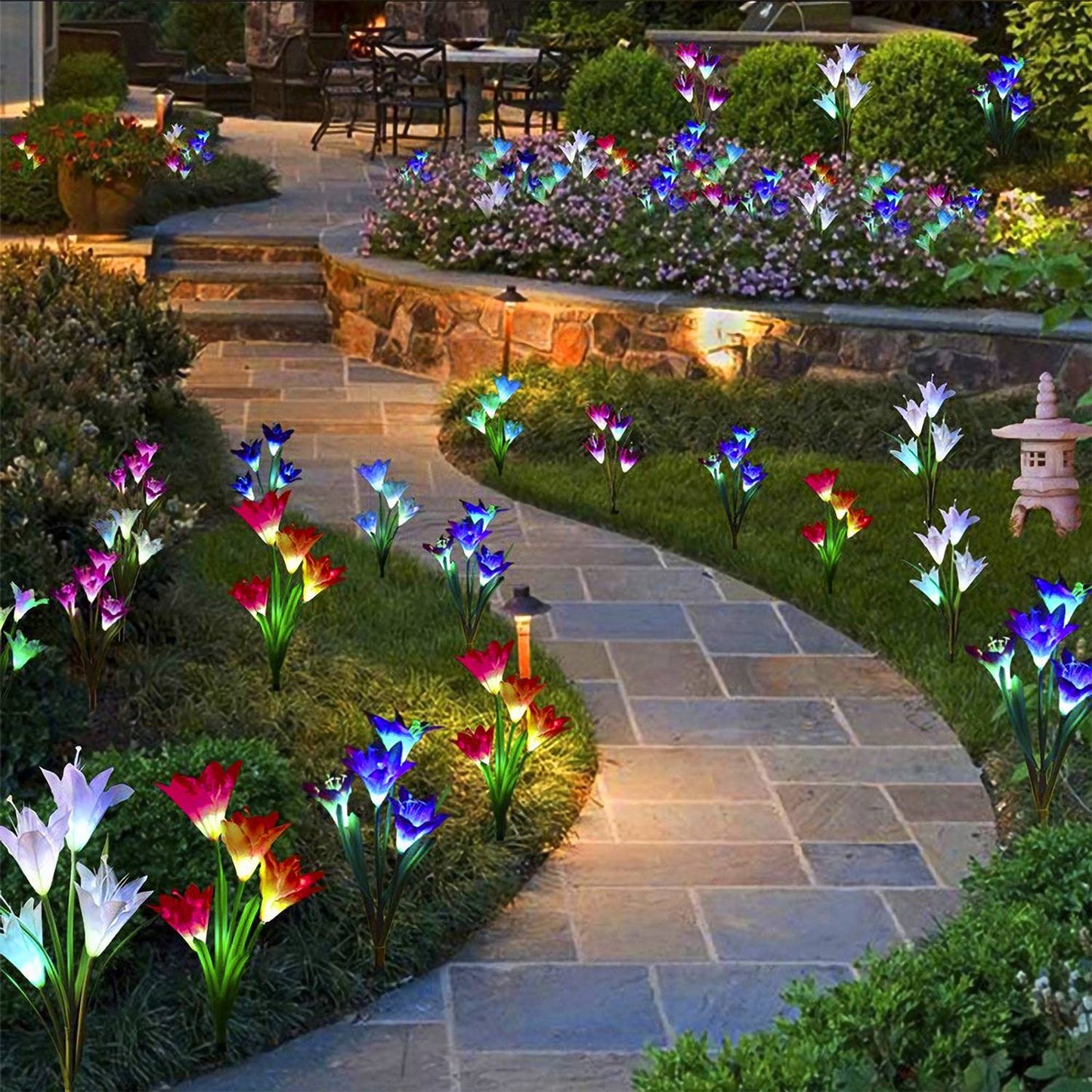 2Pcs Solar Garden Lights Outdoor Lily Flower LED Light 7-Color Changing IP65 Waterproof Pathway Stake Lights