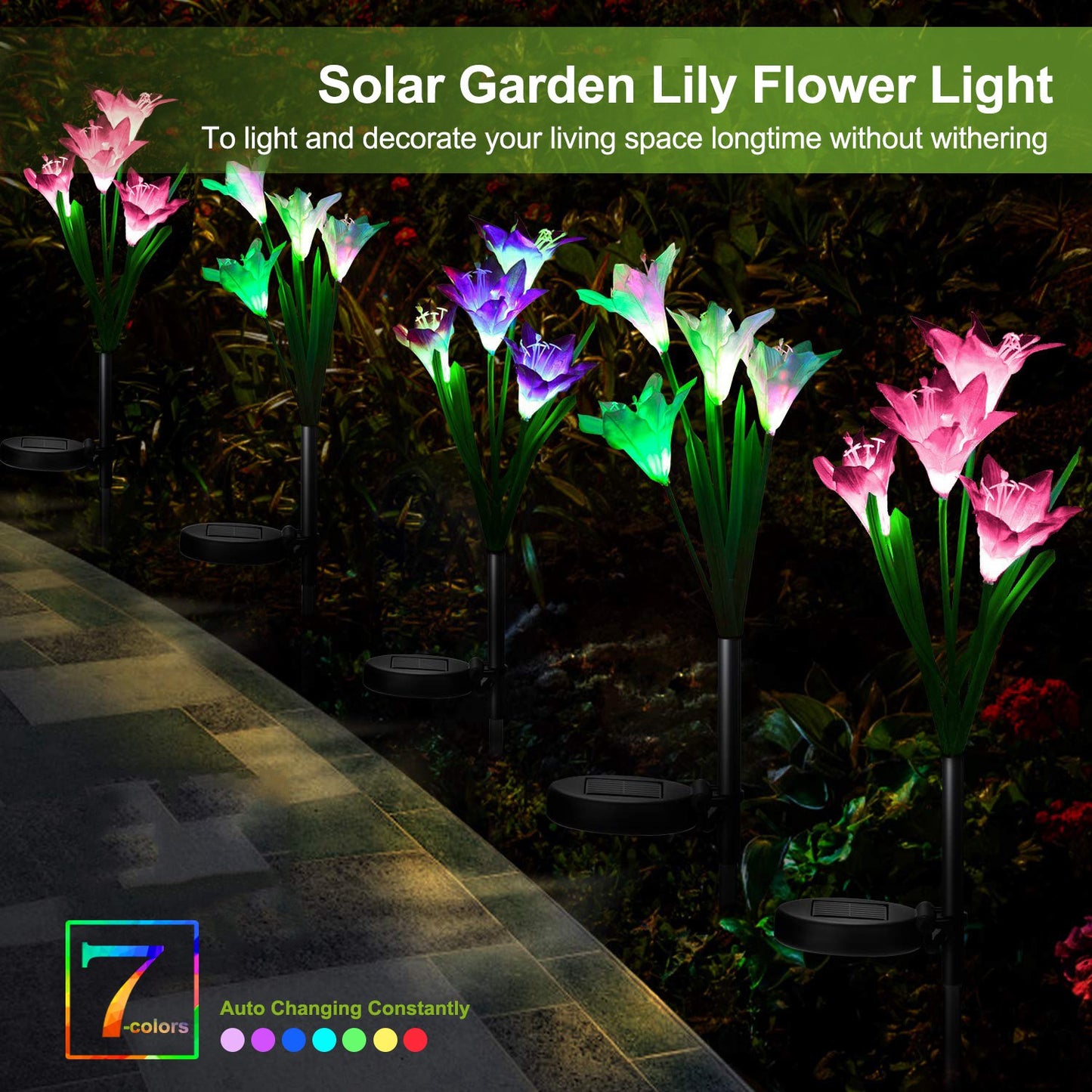 2Pcs Solar Garden Lights Outdoor Lily Flower LED Light 7-Color Changing IP65 Waterproof Pathway Stake Lights