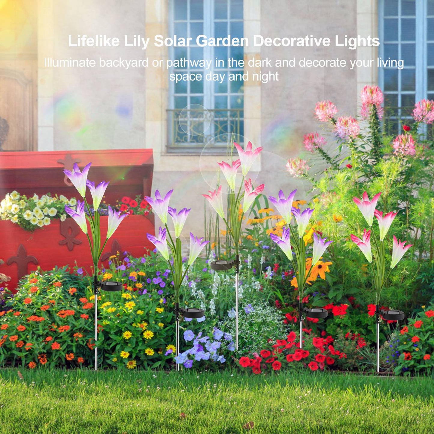 2Pcs Solar Garden Lights Outdoor Lily Flower LED Light 7-Color Changing IP65 Waterproof Pathway Stake Lights