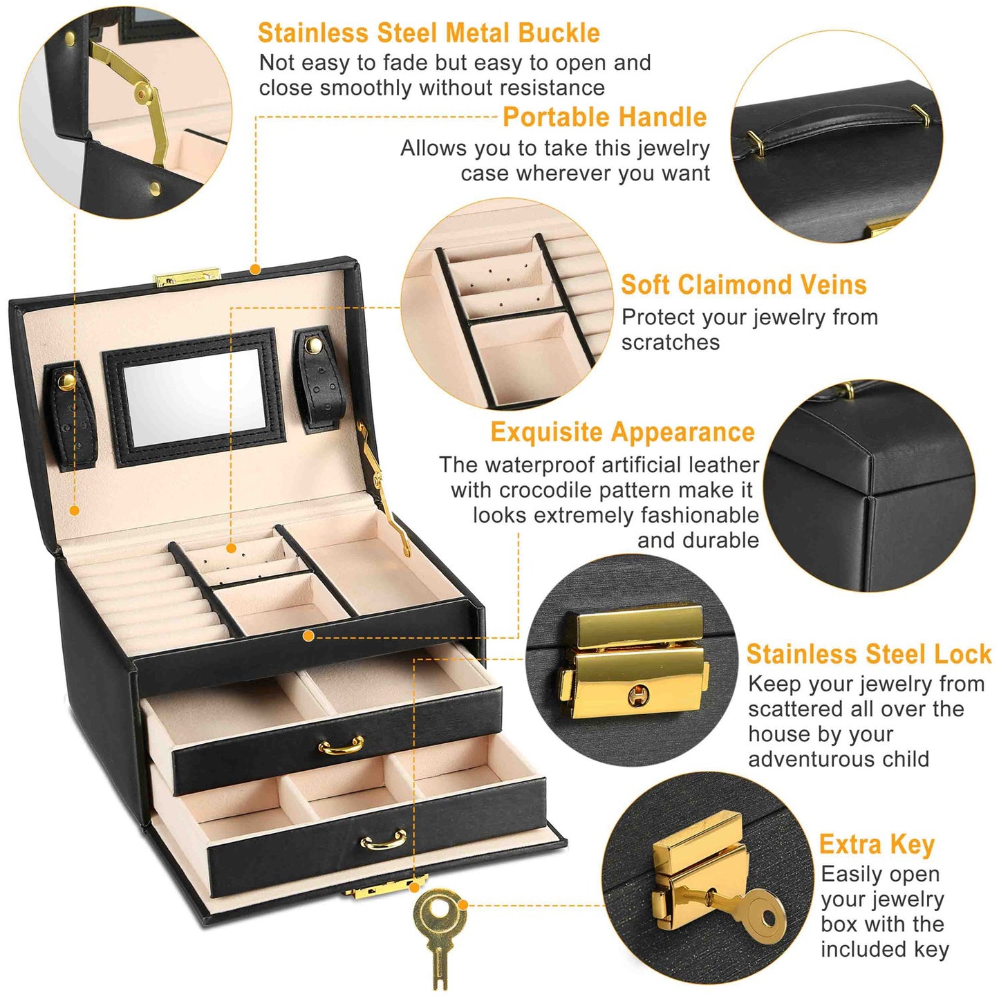 Jewelry Case Organizer 3-layer Lockable Travel Jewelry Box PU Leather Storage