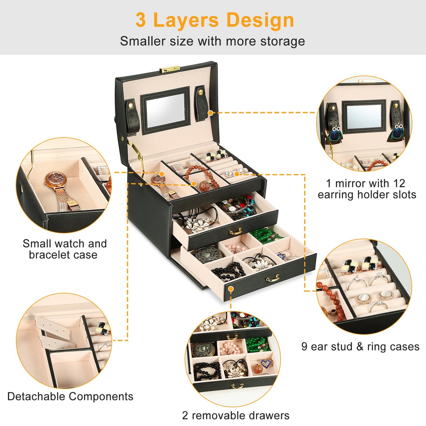 Jewelry Case Organizer 3-layer Lockable Travel Jewelry Box PU Leather Storage