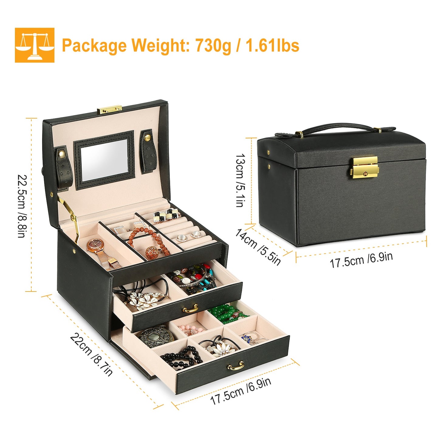 Jewelry Case Organizer 3-layer Lockable Travel Jewelry Box PU Leather Storage