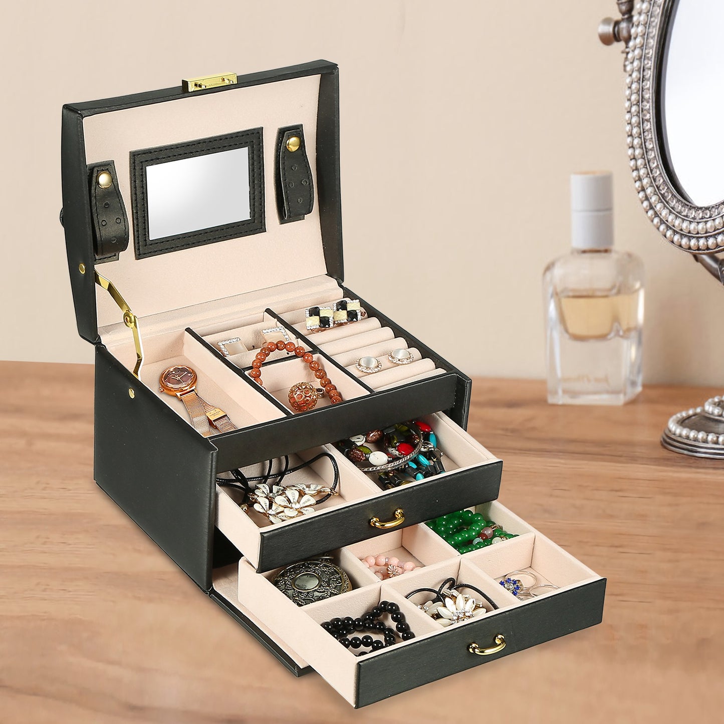 Jewelry Case Organizer 3-layer Lockable Travel Jewelry Box PU Leather Storage