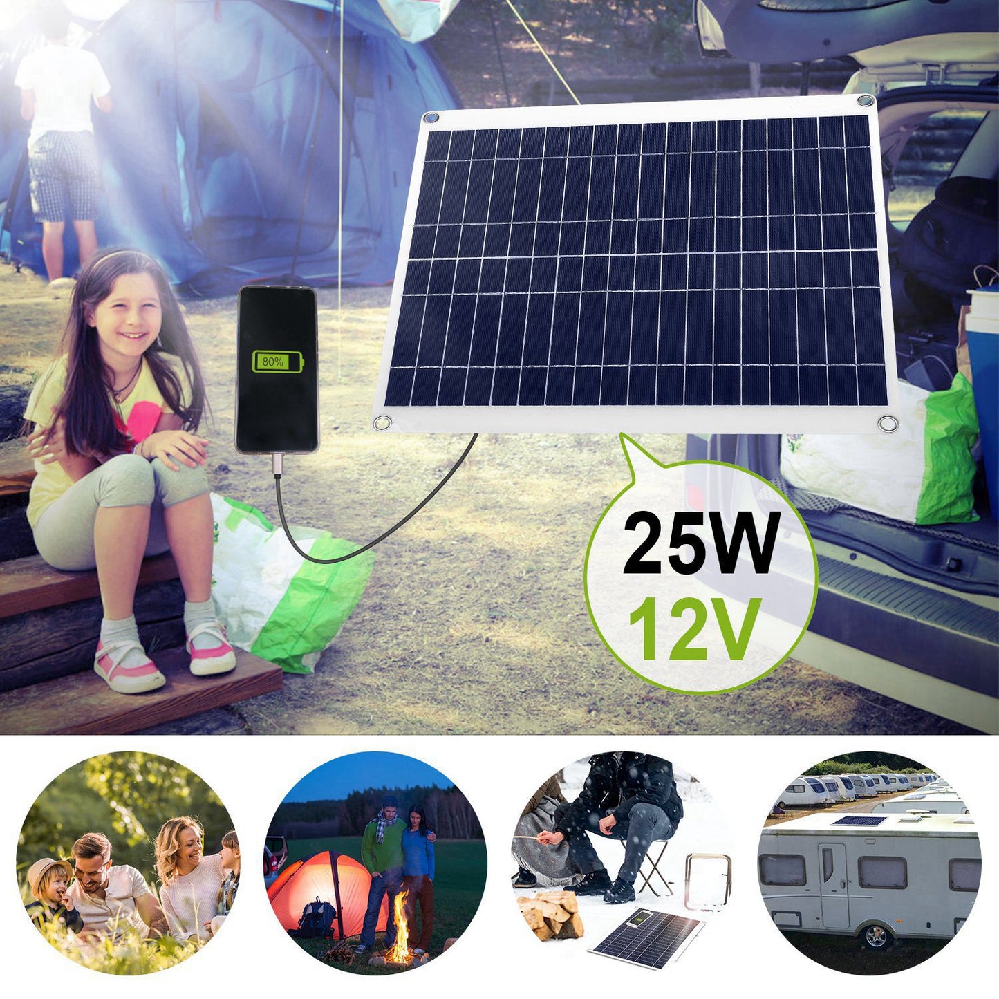 Outdoor Solar Panel 12V 25W Car Battery Charger IP68 Waterproof