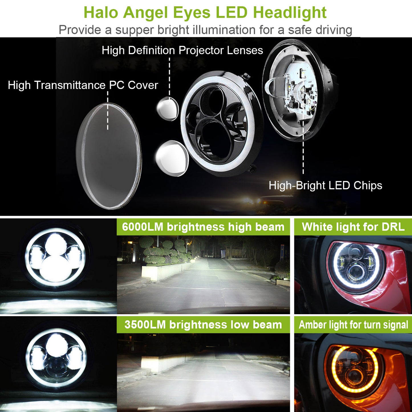 2 X 7" 6000LM Round LED Headlight Halo Angel Eyes for Jeep Wrangler