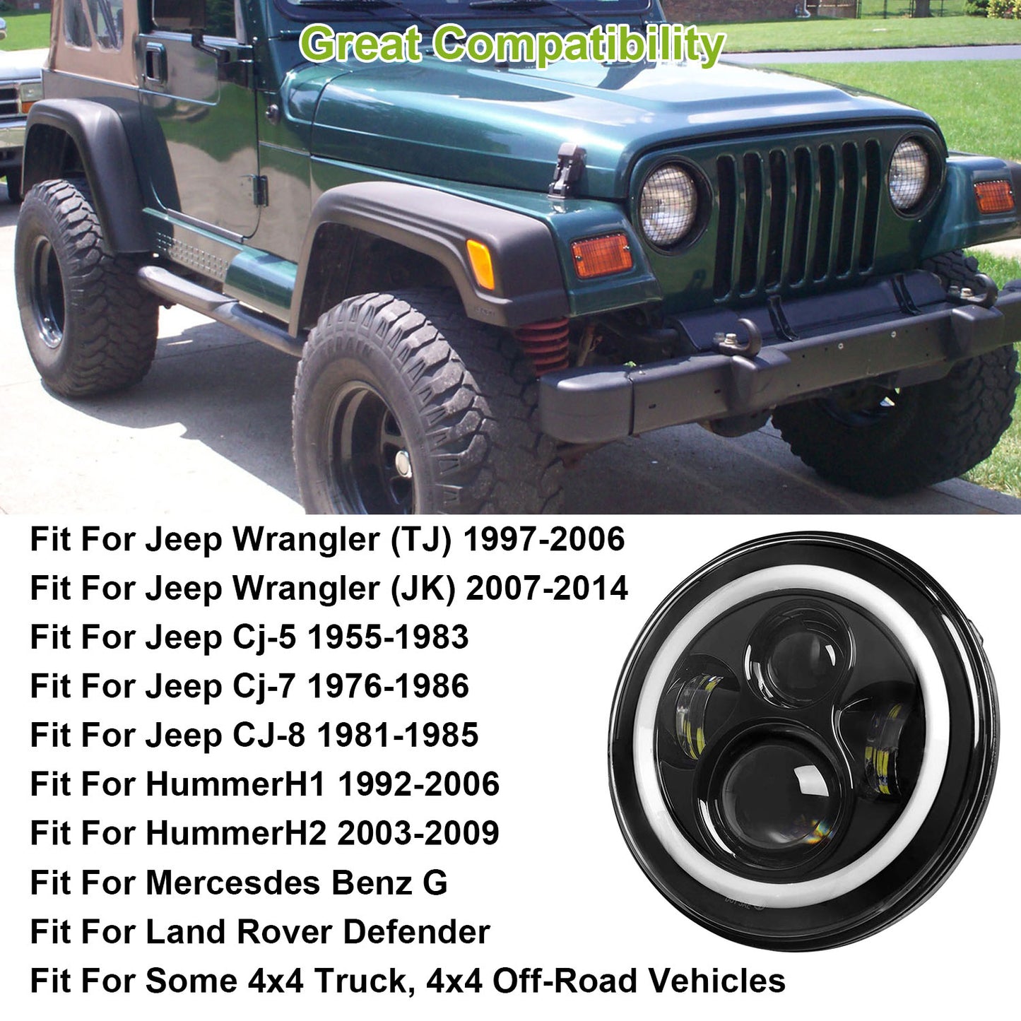 2 X 7" 6000LM Round LED Headlight Halo Angel Eyes for Jeep Wrangler