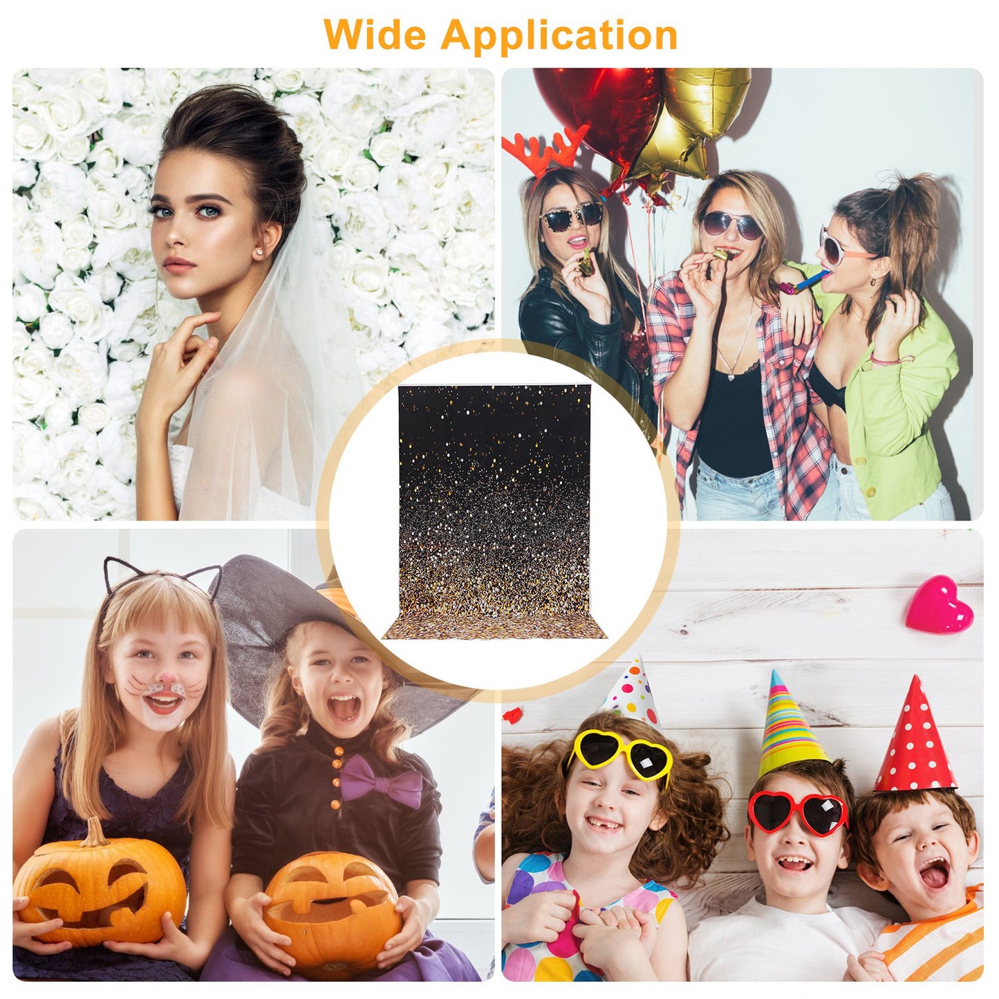 5x7FT Glitter Photo Backdrop Gradual Glitter Black Gold Bokeh Spots Photography Background