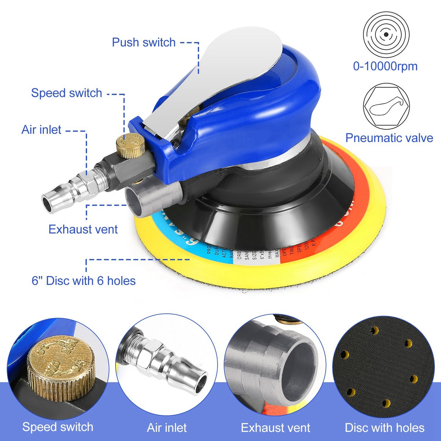 6" Air Random Orbital Sander Pneumatic Palm Sander 10000RPM
