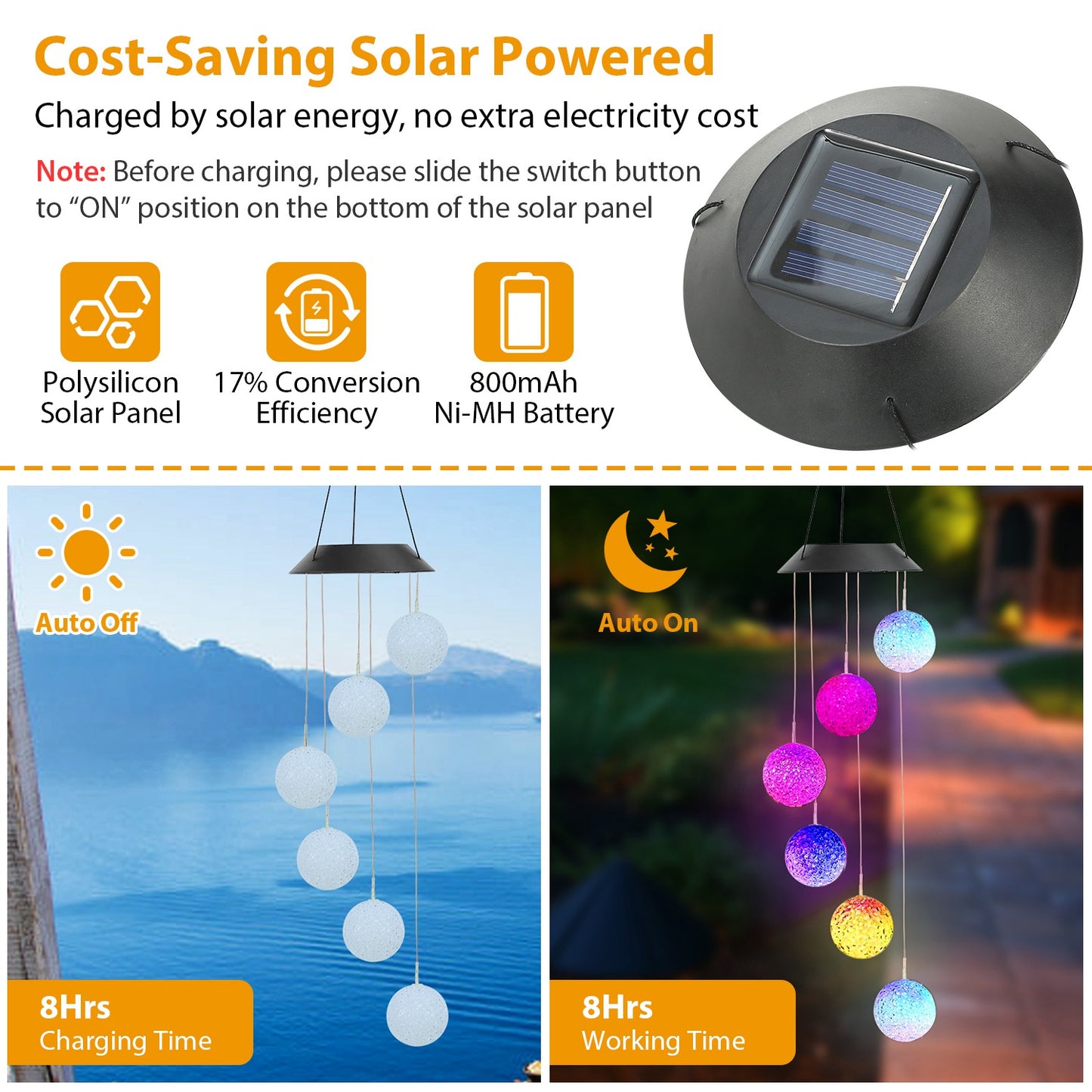 Solar Powered LED Ball Wind Chimes Color Changing LED String Light