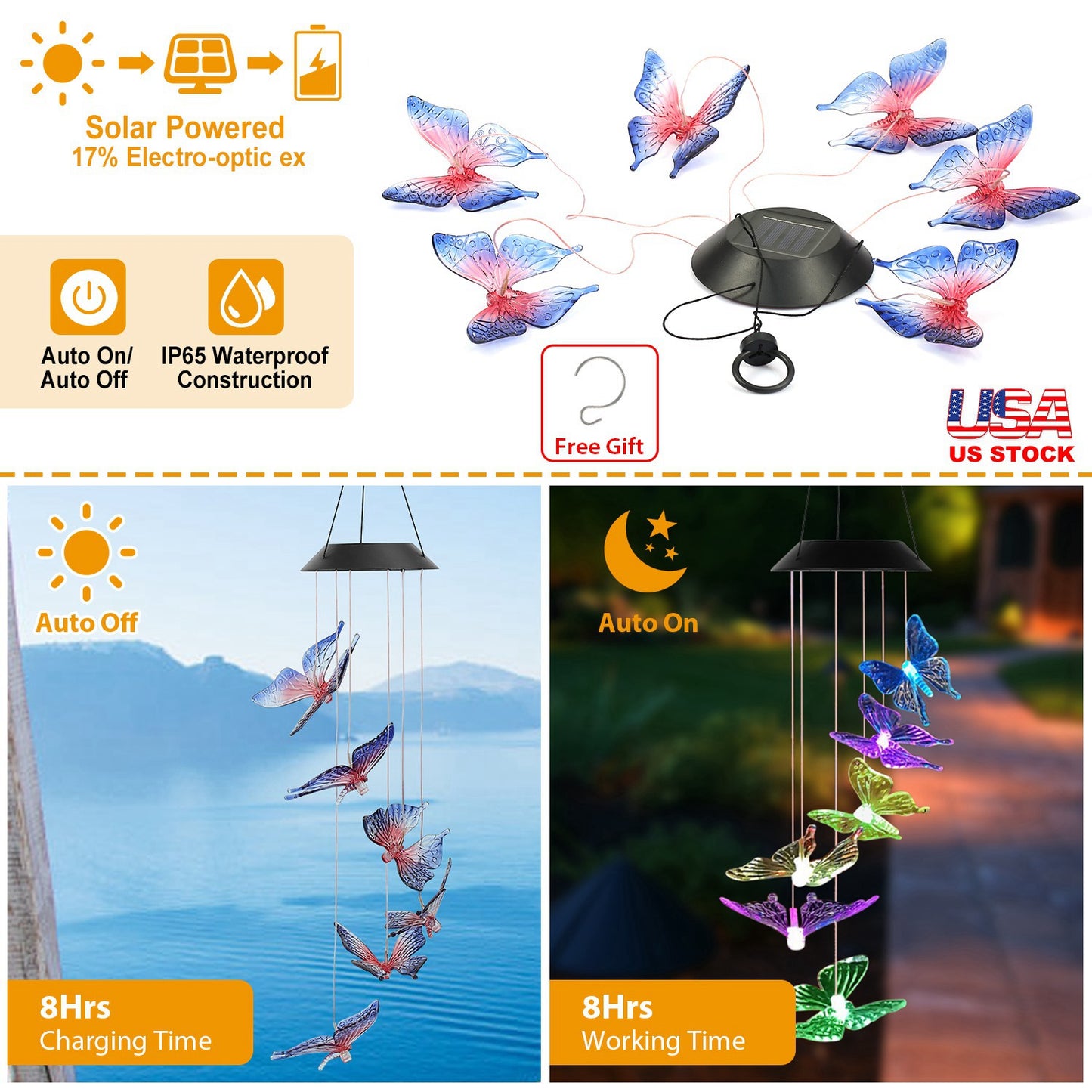 Solar LED Butterfly Wind Chimes Color Changing LED Butterfly String Light
