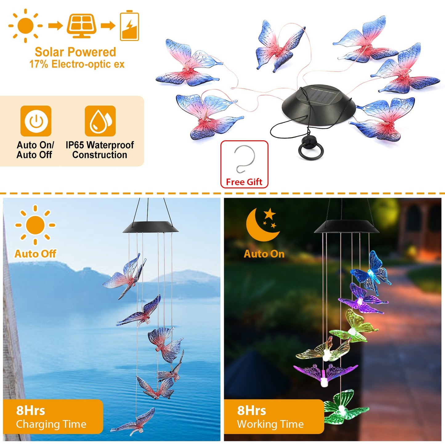 Solar LED Butterfly Wind Chimes Color Changing LED Butterfly String Light