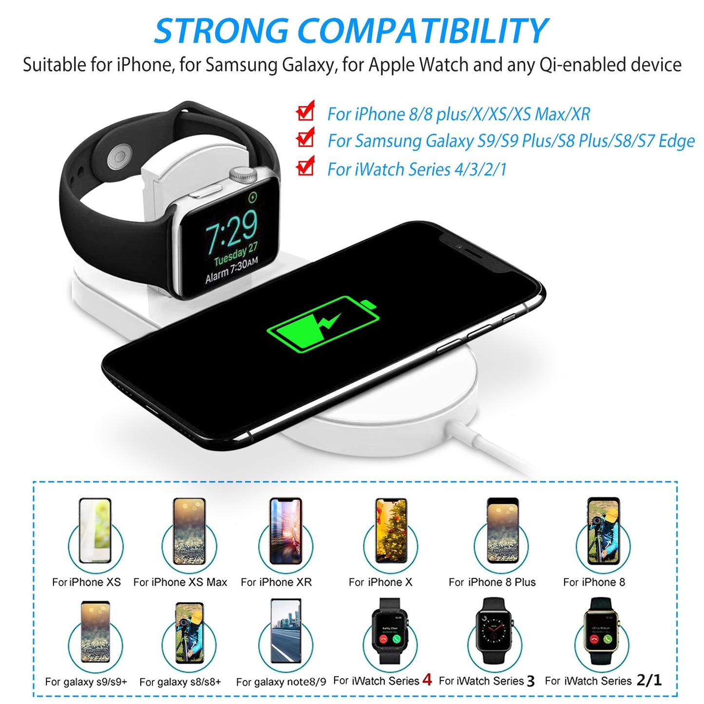 10W Qi Wireless Charger Watch Charger 2-in-1 Wirless Charging Pad