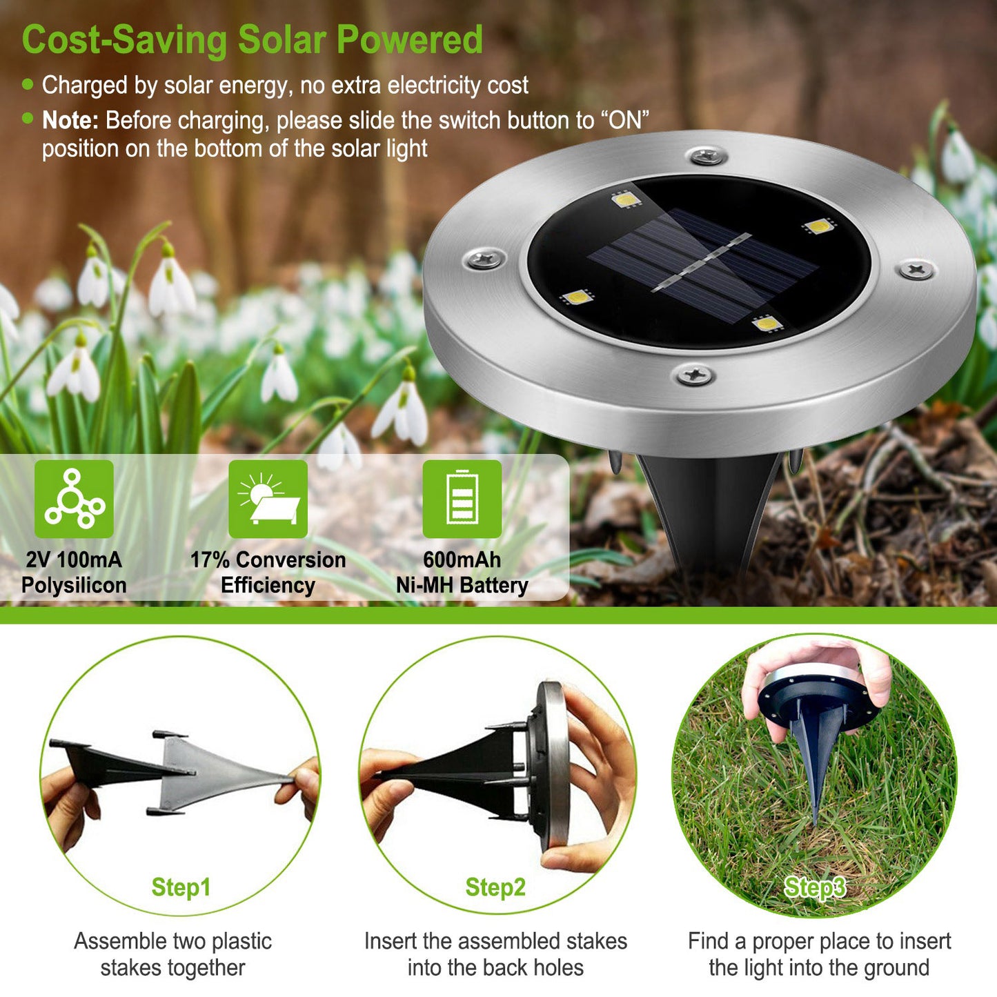 4pcs Solar Ground Light Waterproof Buried Light In-Ground Path Deck Lawn Patio Light